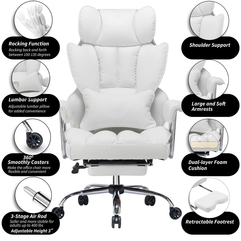 Big and Tall Office Chair 400lbs – High Back Executive Chair with Swivel Base, PU Leather Upholstery, Lumbar Pillow, Padded Armrests, and Rolling Wheels，White Computer Chair