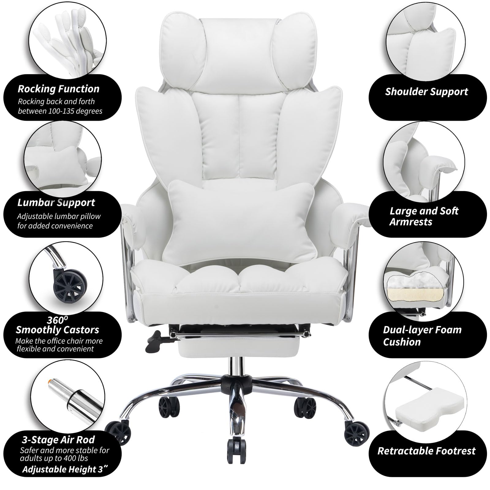 Big and Tall Office Chair 400lbs – High Back Executive Chair with Swivel Base, PU Leather Upholstery, Lumbar Pillow, Padded Armrests, and Rolling Wheels，White Computer Chair