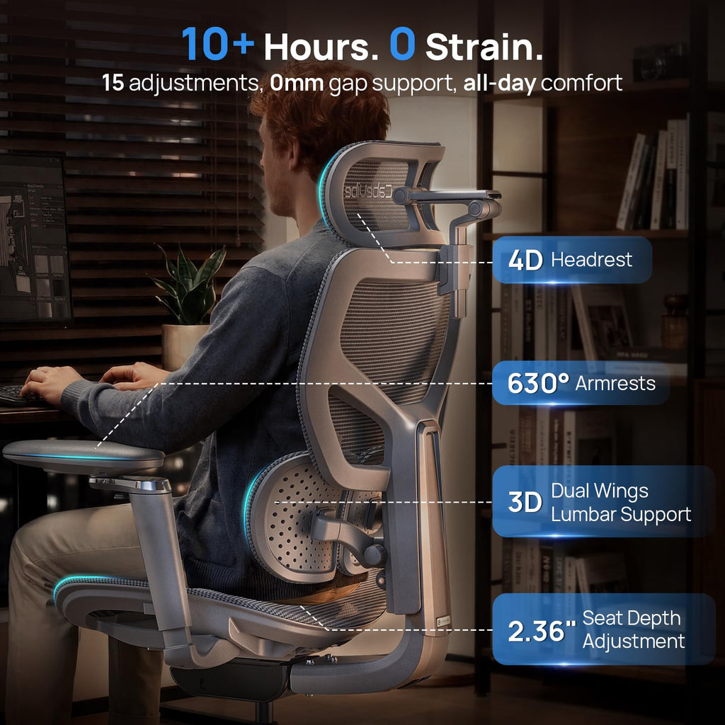 Ergonomic Office Chair with Adaptive Dual-Wing Lumbar Support - Over 10 Hours Sitting Comfortable Mesh Big and Tall Home Desk Chair, 4D Headrest, 630° Armrst, Seat Depth Adjustable