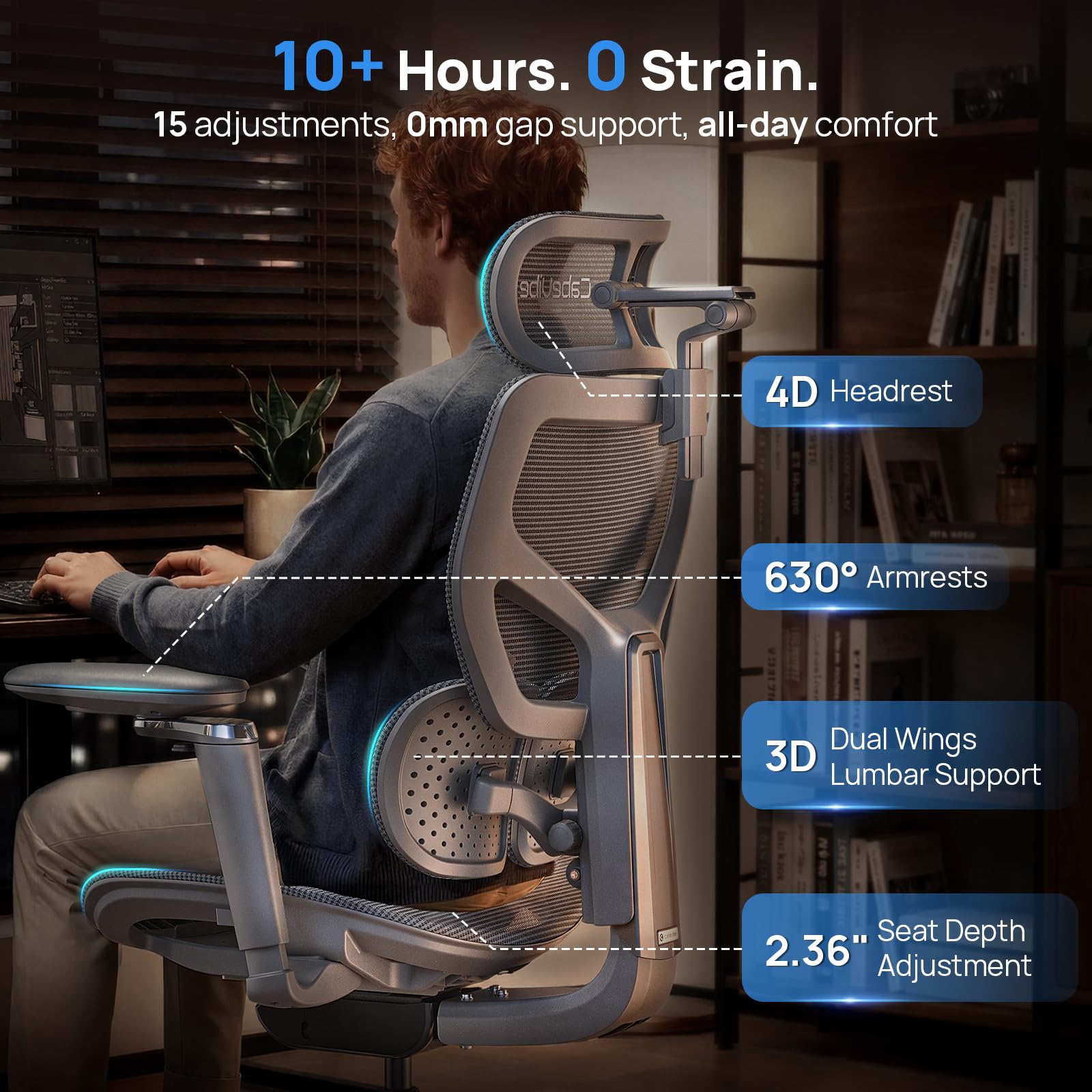 Ergonomic Office Chair with Adaptive Dual-Wing Lumbar Support - Over 10 Hours Sitting Comfortable Mesh Big and Tall Home Desk Chair, 4D Headrest, 630° Armrst, Seat Depth Adjustable