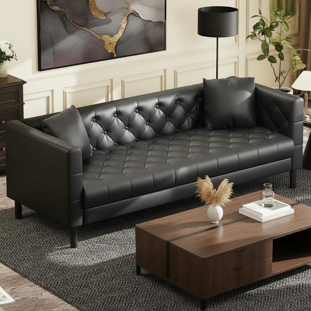 81 in Leather Couch, Modern Leather Sofa with Deep Seat, Handmade Button Tufted 3 Seater Sofa, Chesterfield Couch for Apartment or Office, Black