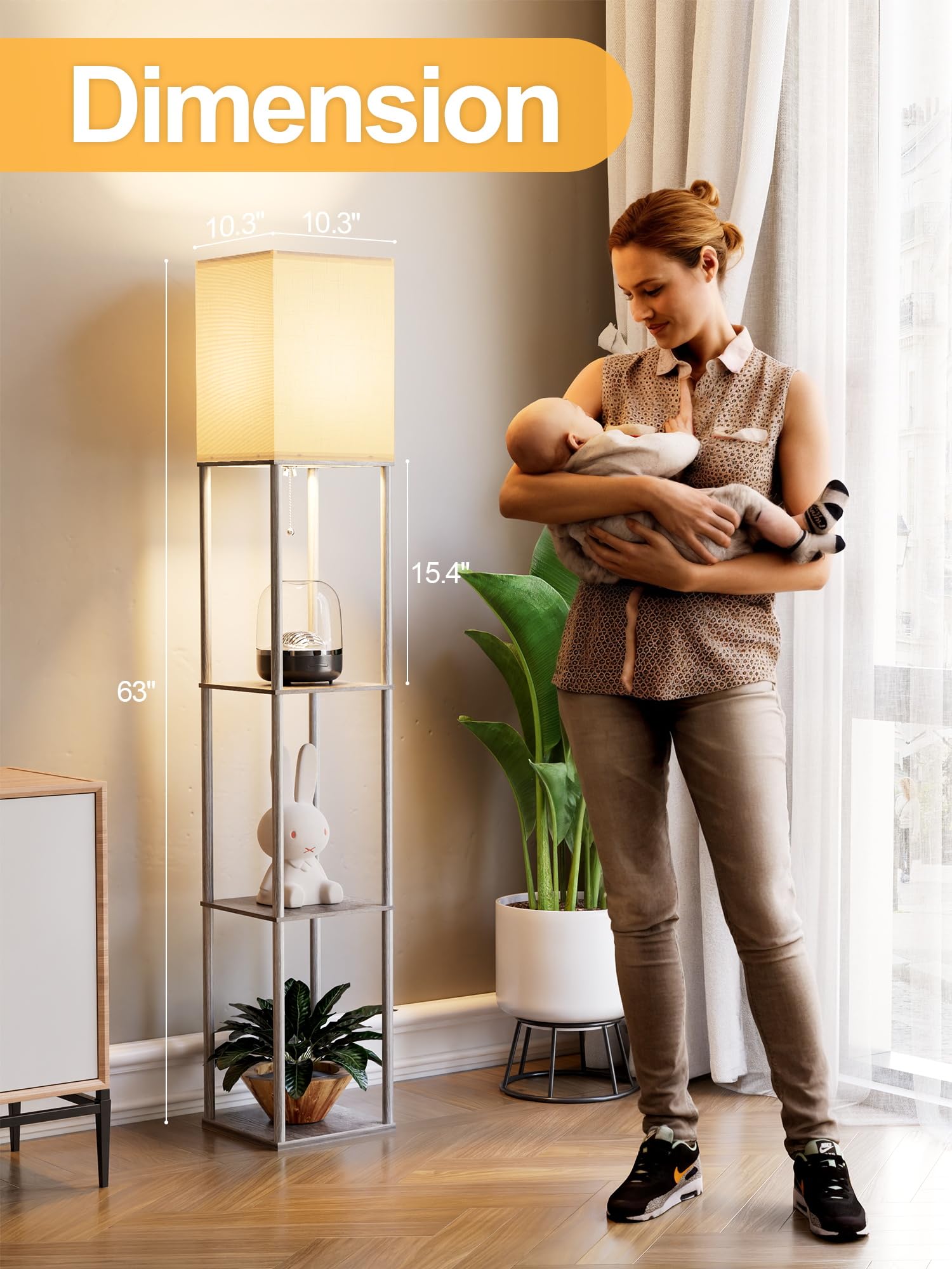 Floor Lamp with Shelves for Living Room Oak Gray, Shelf Floor Lamp with 3 CCT LED Bulb, Corner Display Standing Column Lamp Etagere Organizer Tower Nightstand with White Linen Shade for Bedroom Office