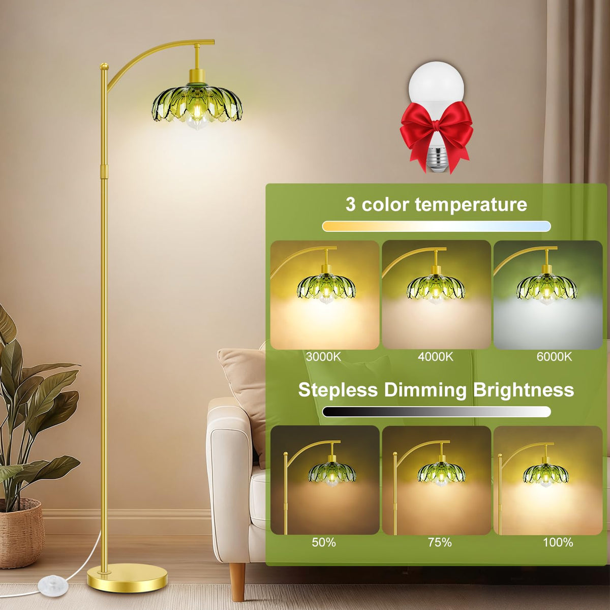 Gold Floor Lamp with Remote Control, Dimmable LED Floor Lamp with 3 Color Temperatures, Adjustable Height Vintage Standing Lamps for Living Room BedroomOffice, Green Glass Tall Lamps Gift Use