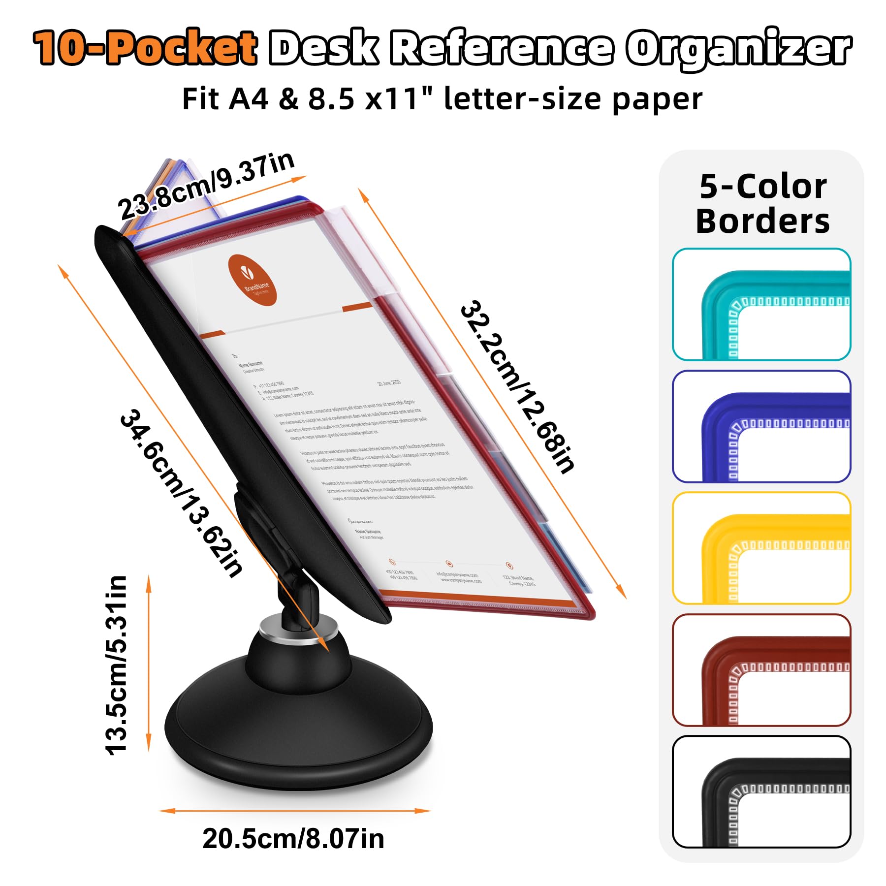 10-Pocket Desktop Reference & Display System with 360° Adjustable Base, Fast Flip & Find Desk Reference Organizer, A4/Letter Size 10 Double-Sided Panels with 5-Color Borders & Index Tabs, Black
