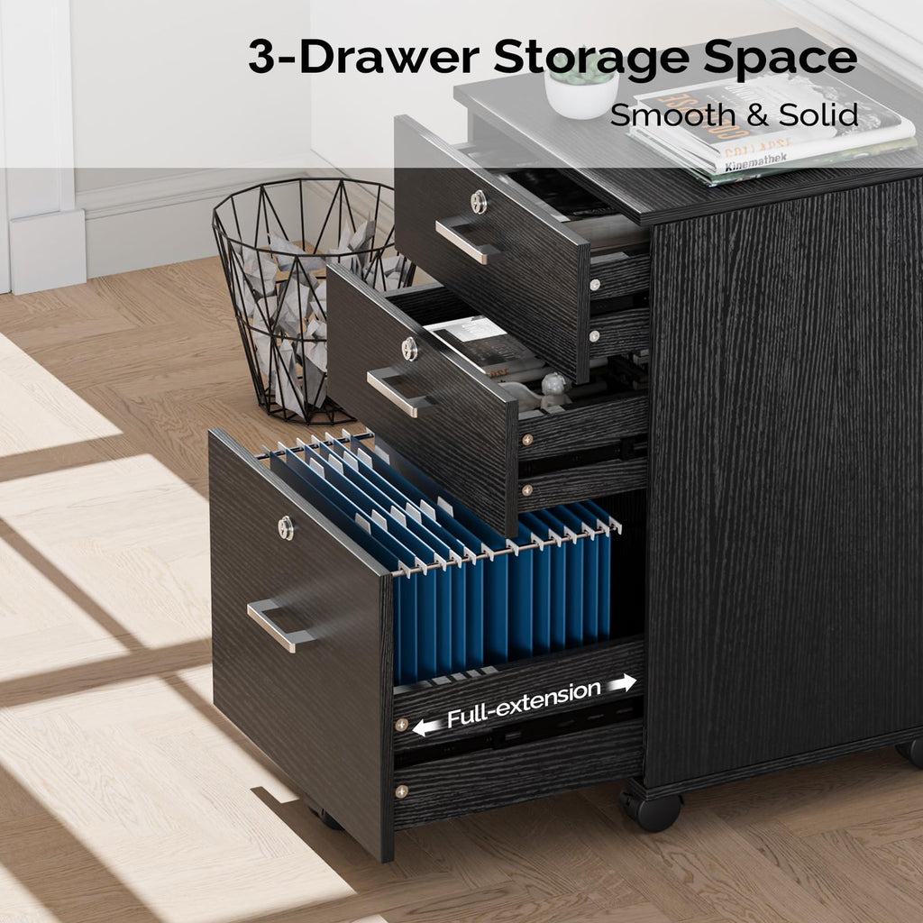 3-Drawer File Cabinet with Lock, Wood Rolling Filing Cabinets for Home Office, Mobile Printer Stand, Under Desk File Organizer for Letter Sized Files, 26" H(Caster Included), Black