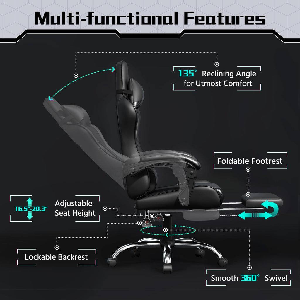 Gaming Chair, Video Game Chair with Massage Lumbar Support and Footrest Height Adjustable Ergonomic Computer Chair with Swivel Seat and Headrest, Full Black