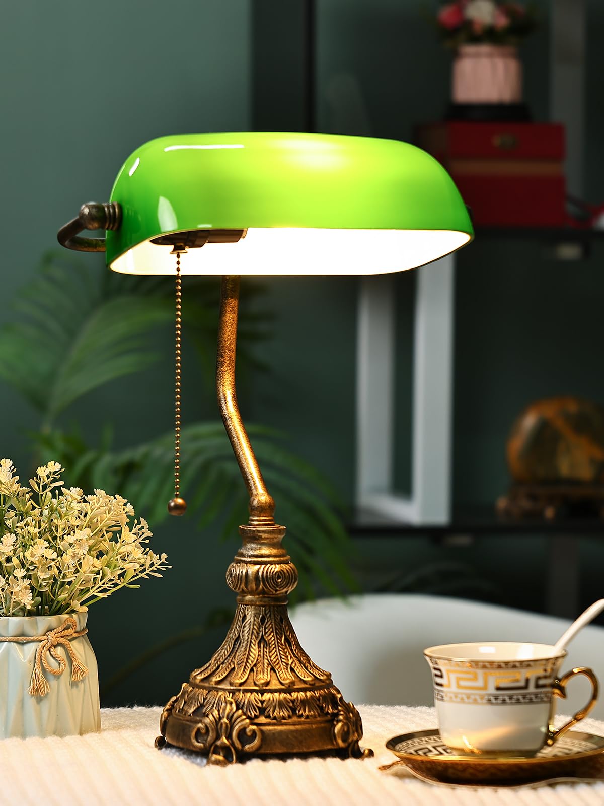 Vintage Green Glass Bankers Desk Lamp, LED Bulb Included
