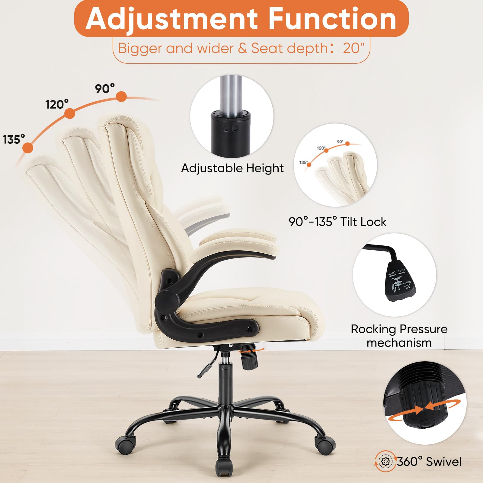 Set of 2, Ergonomic Computer Gaming Office Chair  Heavy Duty Task Desk Swivel Rolling Chairs with Wheels, Flip-up Arms, Adjustable Height, PU Leather,Cream White
