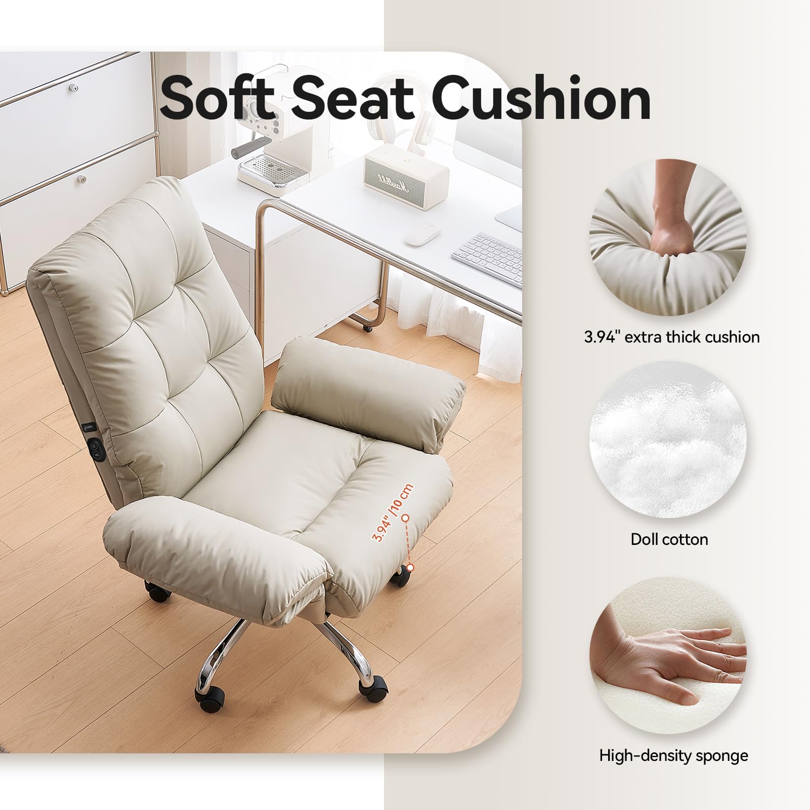 Heated and Massage Office Chair with Foot Rest Criss Cross Chair with Wheels and Flip-up Arms Reclining Desk Chair Comfy Wide Seat PU Leather Rolling Computer Home Office Chair (Beige)