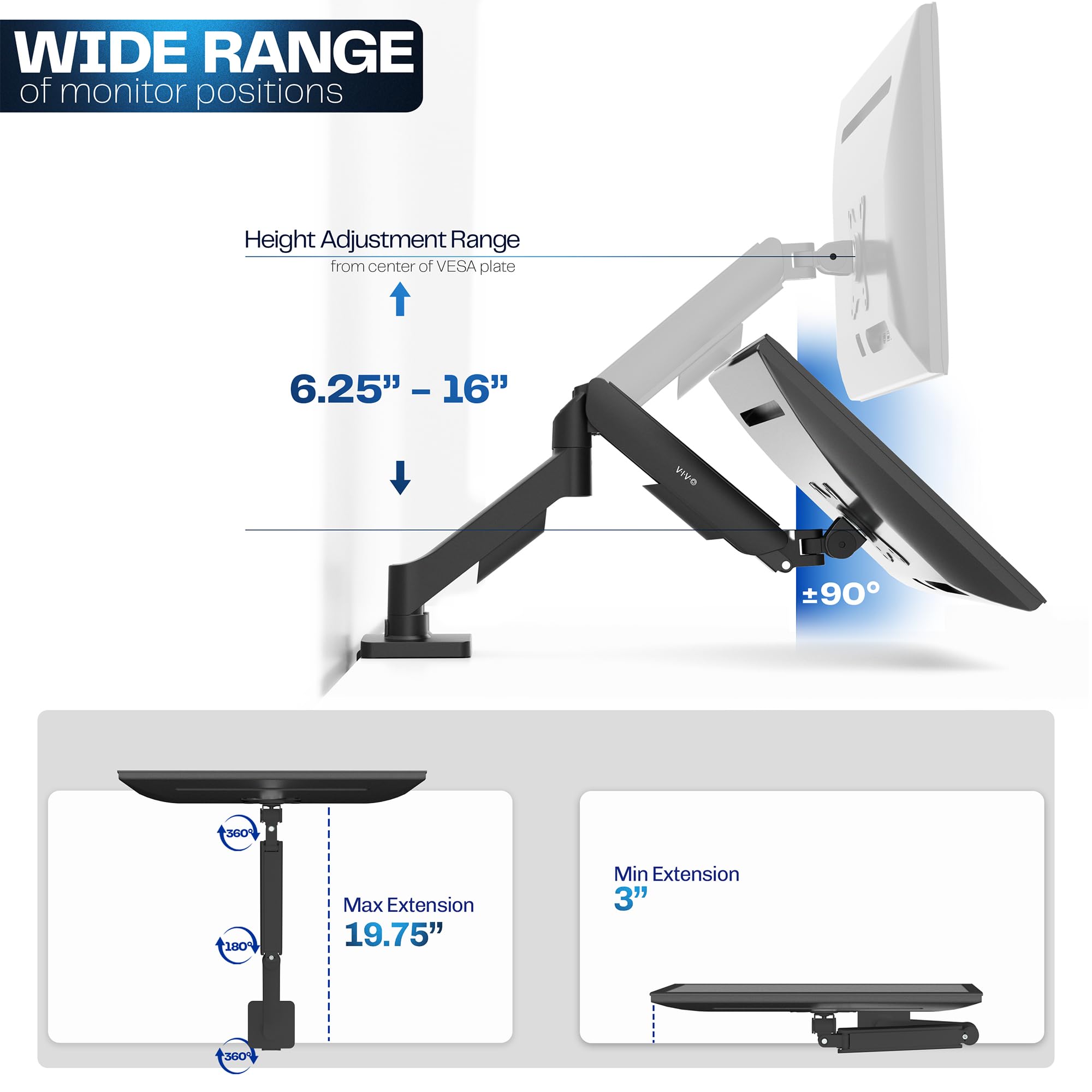Single Monitor Stand, Fully Adjustable Arm for 17 to 32 inch Screen, Mechanical Articulating Desk Mount, Gaming and Office Setups, VESA 75x75, 100x100, Max 19.8 lbs, Classic, Black, STAND-V001O
