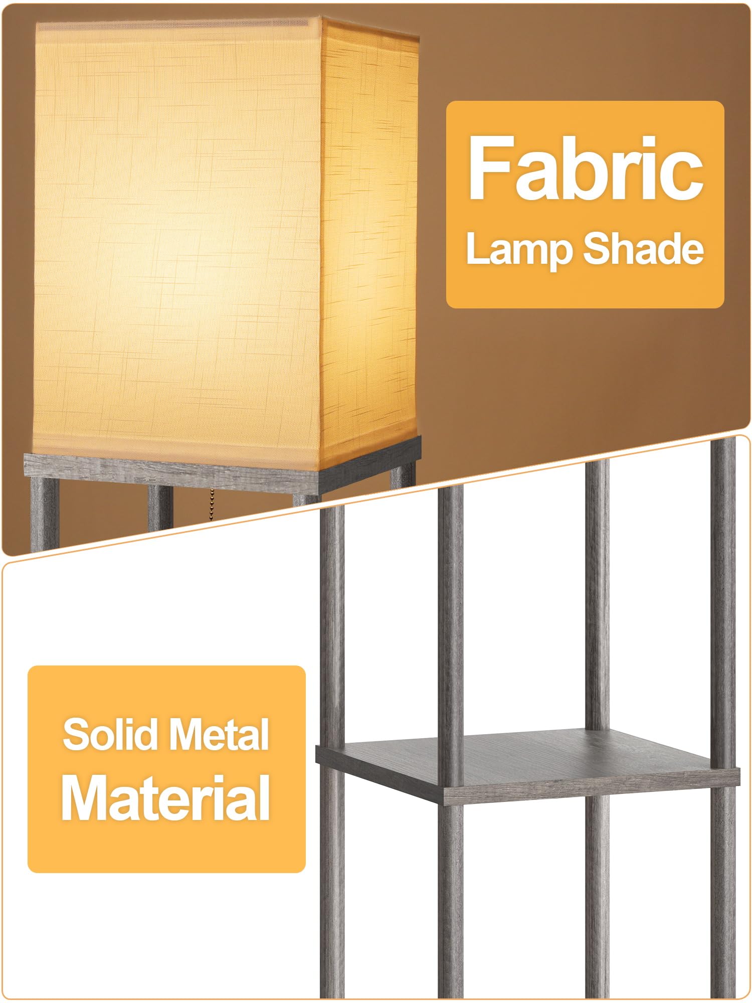 Floor Lamp with Shelves for Living Room Oak Gray, Shelf Floor Lamp with 3 CCT LED Bulb, Corner Display Standing Column Lamp Etagere Organizer Tower Nightstand with White Linen Shade for Bedroom Office