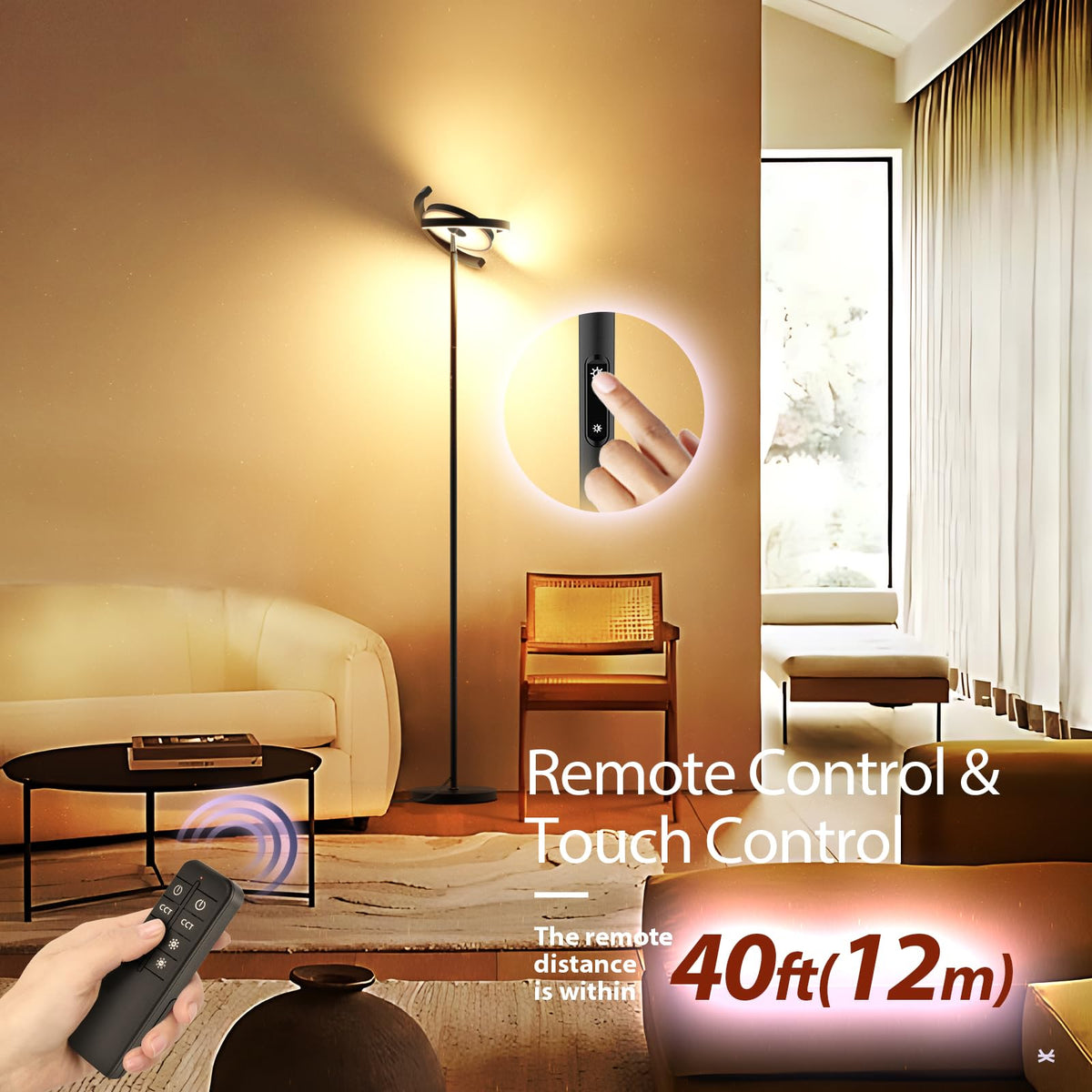LED Floor Lamp, Dimmable 3000-6000K, Remote & Touch Controls Black