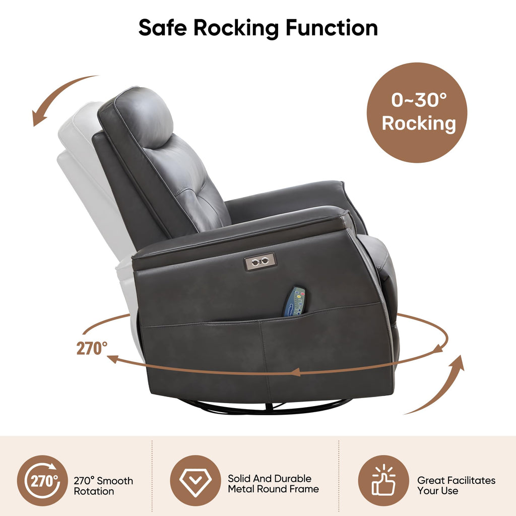 Recliner Chair for Adults, Power Faux Leather Rocker Recliner Massage and Heat, Oversized Swivel Reclining Nursery Chair with USB Ports for Living Room, Office Grey