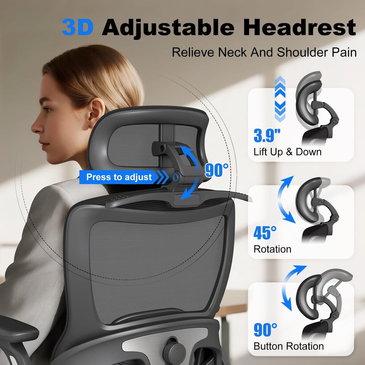 Ergonomic Office Chair, Home Computer Chair with 3D Adjustable Headrest and 4D Flip-Up Armrests, Adjustable Lumbar Support, Suitable for Office, Black
