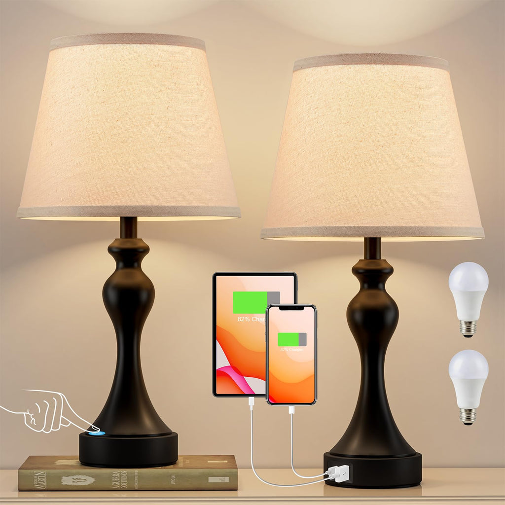 Touch Lamps for Nightstand, 3 Way Dimmable Bedside Lamps with USB C+A Ports