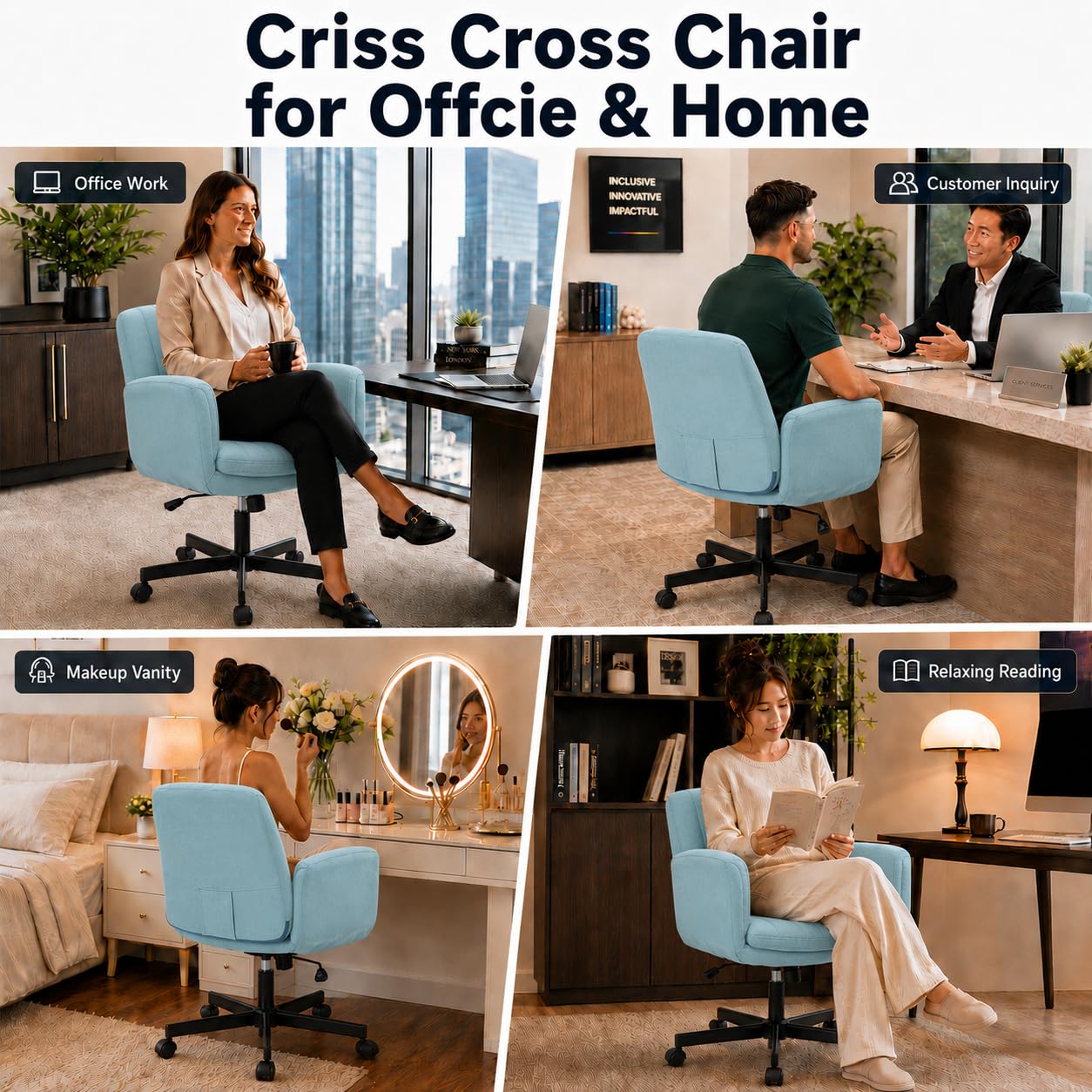 Criss Cross Office Chair with Wheels and Arms, Vanity Chair with Back, Comfy Swivel Cross Legged Office Chairs for Ultimate Comfort and Support, Unique Multifunctional Stylish Arms (Fabric Green)