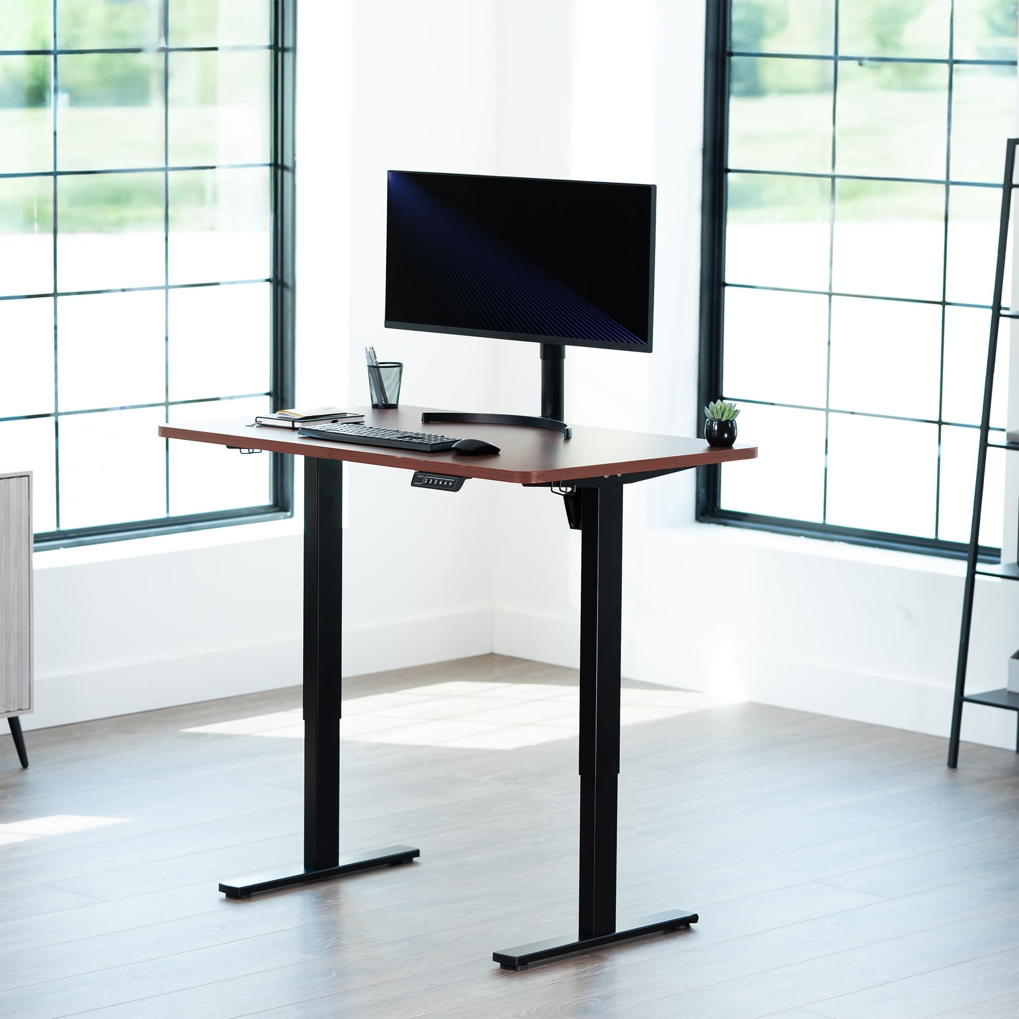 Electric 48 x 30 in Standing Desk, Memory Height Adjustment, 1B Series, Holds 220 lbs, One-Piece Dark Walnut Top, Black Frame