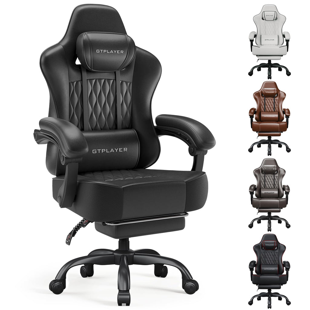 Gaming Chair, Computer Office Chair with Pocket Spring Cushion, Linkage Armrests, Comfortable Leather Computer Chair, Black