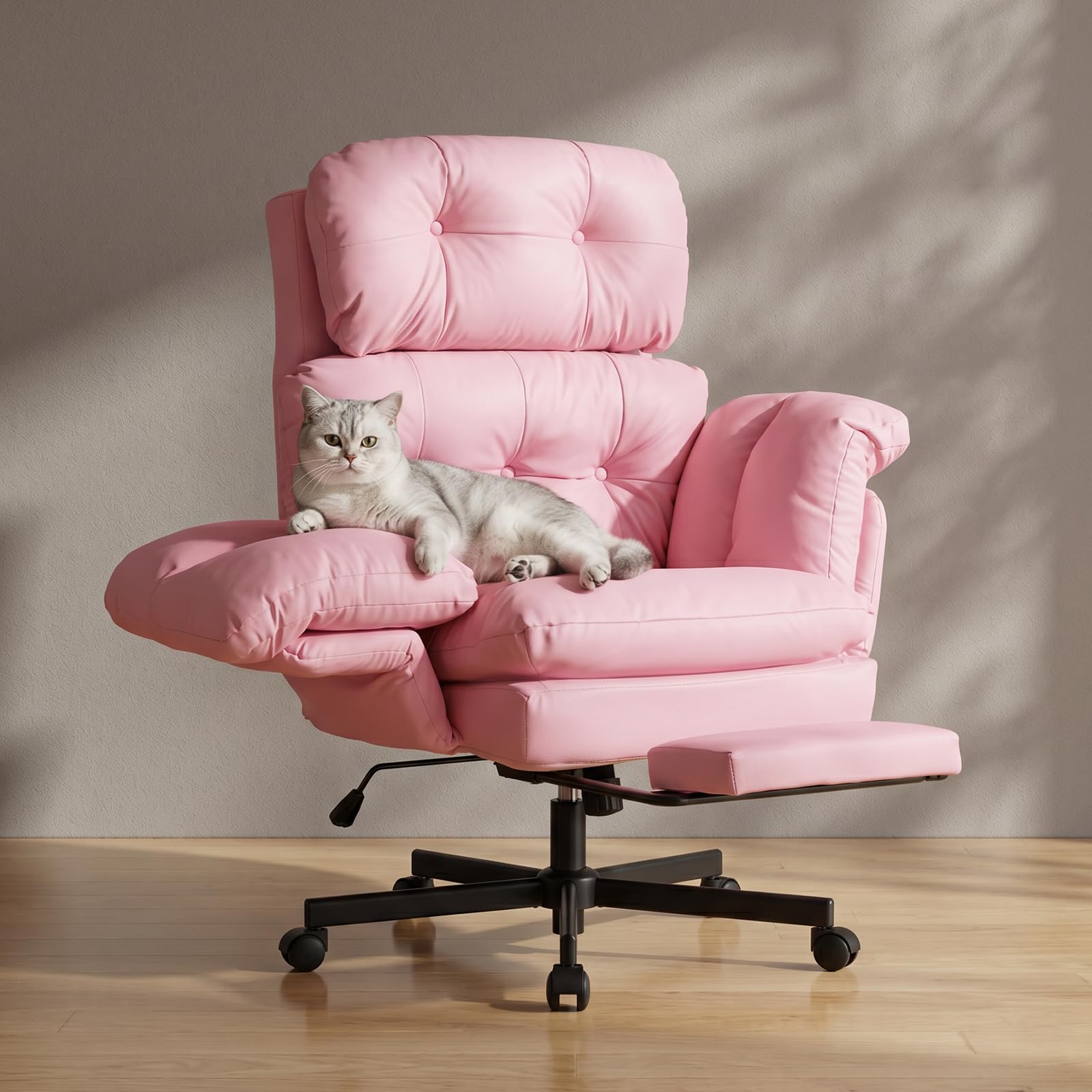 Criss Cross Office Chair with Foot Rest, Big and Tall Office Desk Chair with Flip Armrests for Pets & Cross Legged Sitting, Comfy Executive Ergonomic Reclining Computer Gaming Vanity Chair, Pink