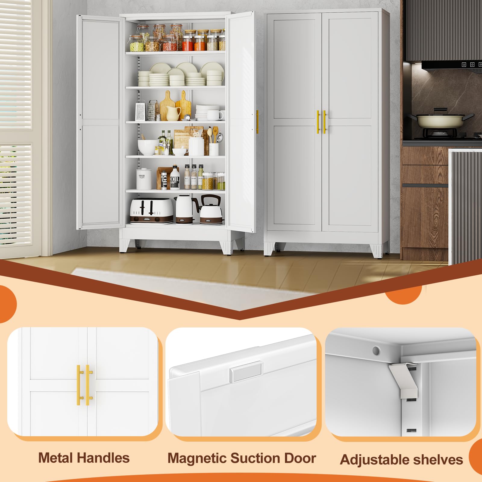 White Metal Storage Cabinet,75" Steel Cabinets for Home Office