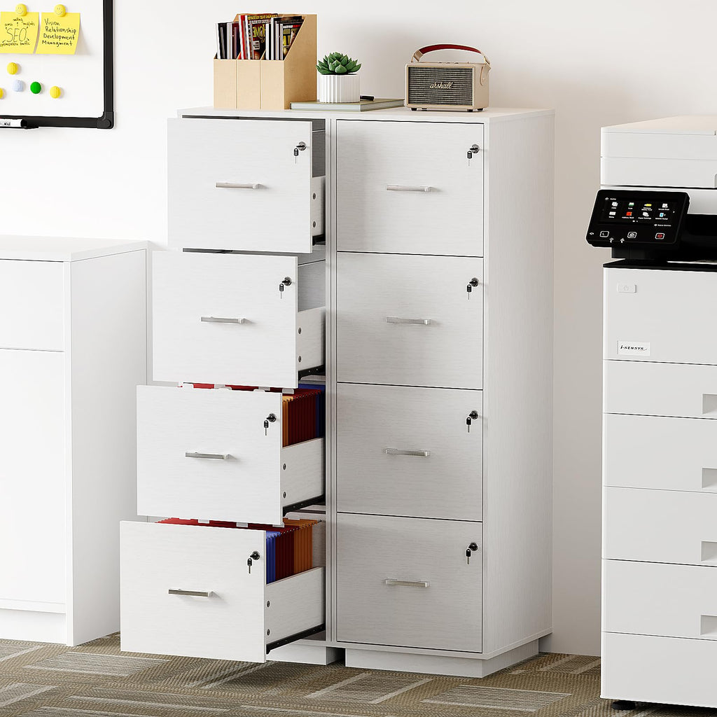 4 Drawer File Cabinet with Lock, Home Office Filing Organizer, for Letter Size File Folder Storage, Wood Tall Vertical Filing Cabinet, Printer Stand, Archivador (White)