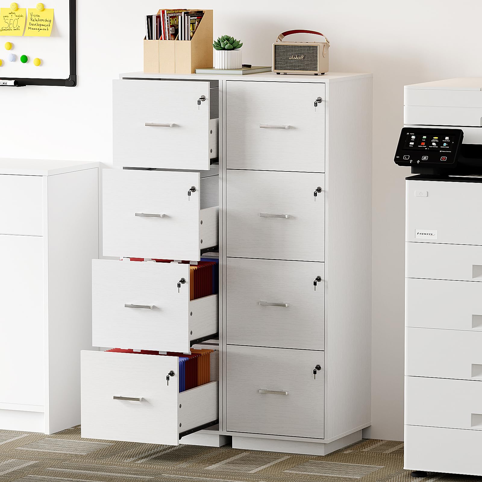 4 Drawer File Cabinet with Lock, Home Office Filing Organizer, for Letter Size File Folder Storage, Wood Tall Vertical Filing Cabinet, Printer Stand, Archivador (White)