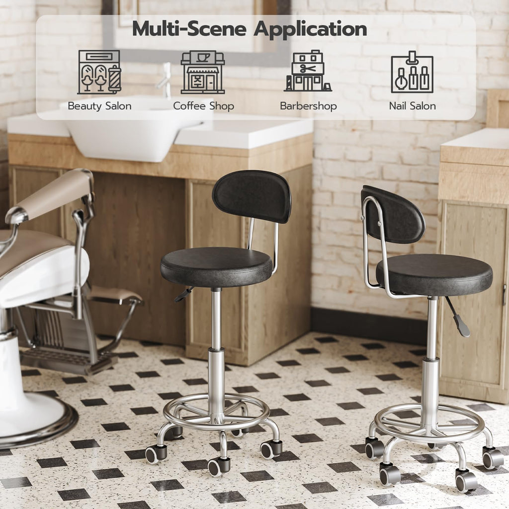 Height Adjustable Rolling Stool, 360° Rotating Drafting Chair, Multi-Purpose Office Desk Chair, Rolling Swivel Salon Stool Chair, for Barber Shop, Nail Salon, Office, Black