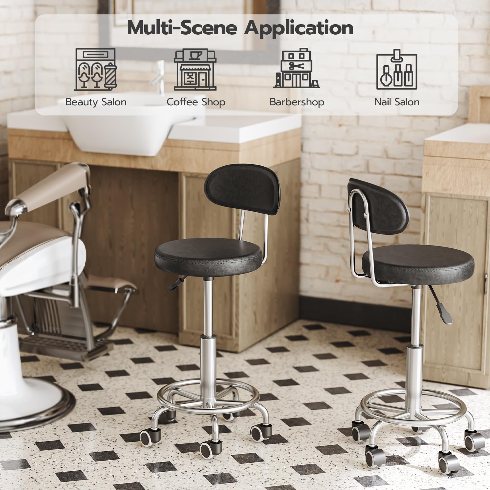 Height Adjustable Rolling Stool, 360° Rotating Drafting Chair, Multi-Purpose Office Desk Chair, Rolling Swivel Salon Stool Chair, for Barber Shop, Nail Salon, Office, Black