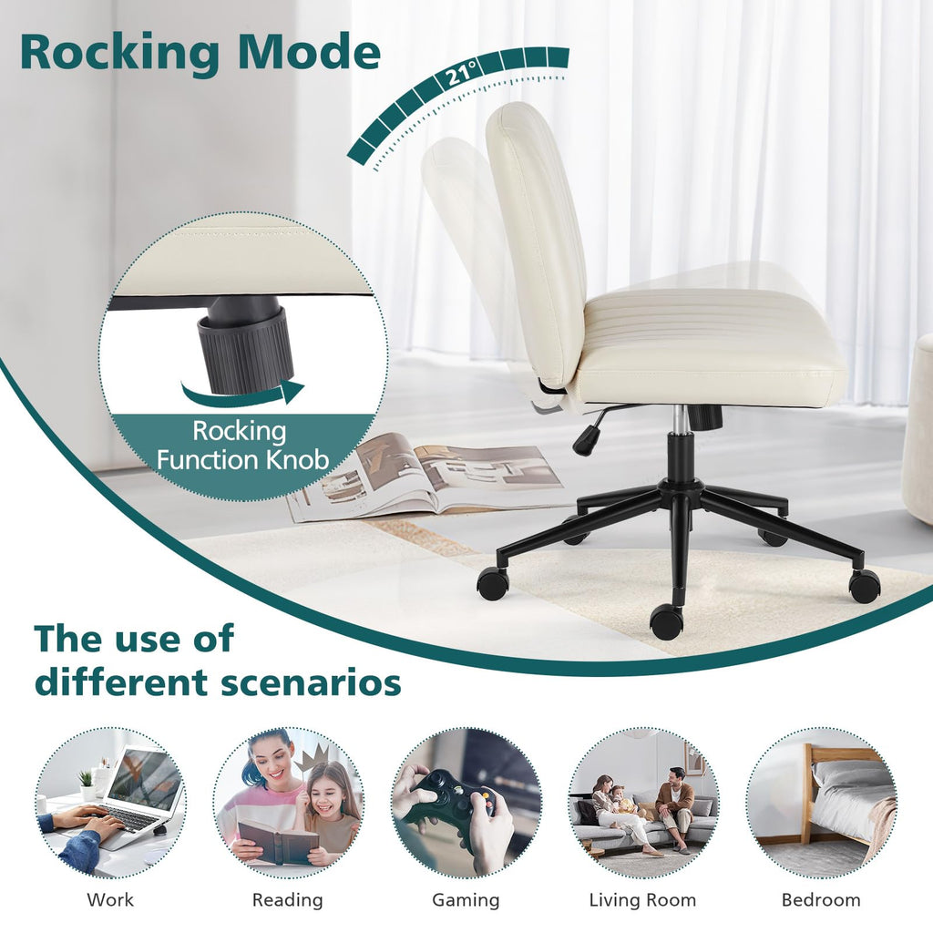 Criss Cross Chair with Wheels Wide Cross Legged Office Desk Vanity Chair Comfy Fabric Armless Adjustable Swivel for Home Computer Task PU Beige