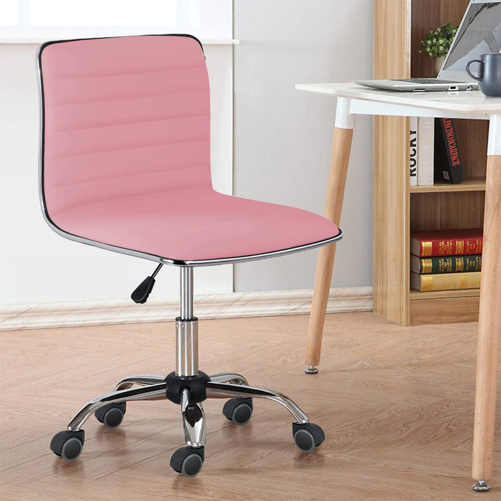 Pink Low Back PU Leather Ribbed Armless Office Chair, Ergonomic Swivel Task Chair with Wheels