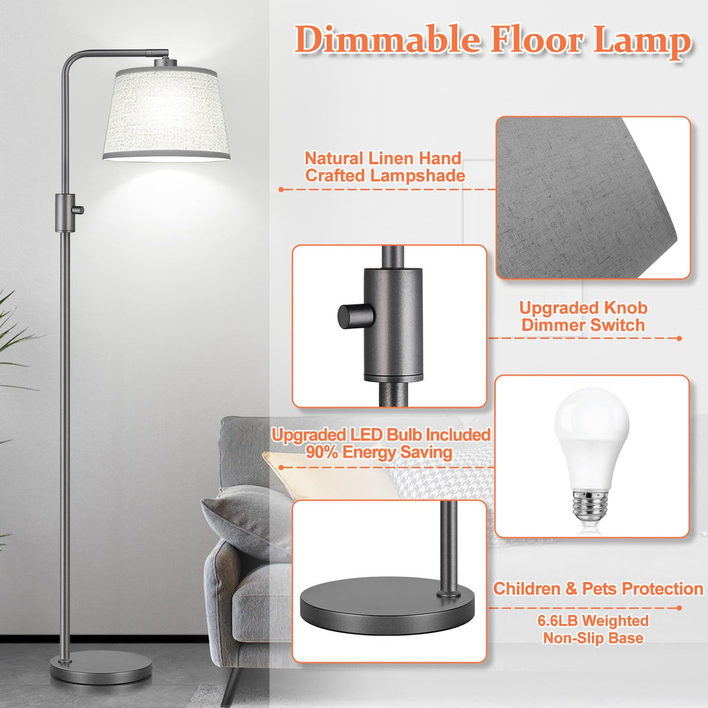 Floor Lamp, 1000 Lumens LED Edison Bulb Included, Arc Floor Lamps for Living Room Modern Standing Lamp with Linen Shade, Tall Lamps for Living Room Bedroom Office Dining Room-Grey