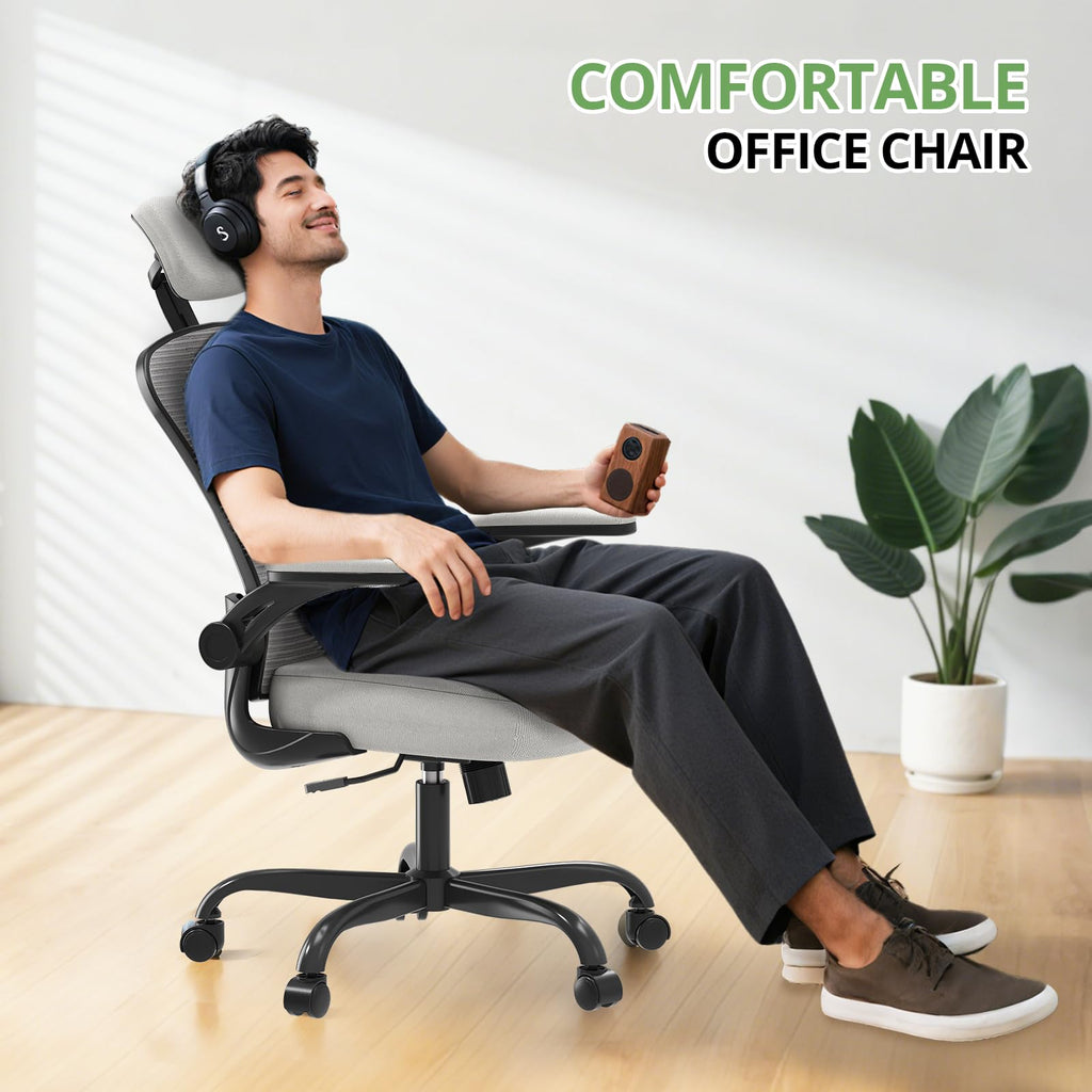 Office Chair Ergonomic Desk Chair, 330LBS Capacity, High Back Computer Design for Long Hours Comfort, Rolling Swivel Executive Task for Home Office with Flip-up Armrests, Black Grey