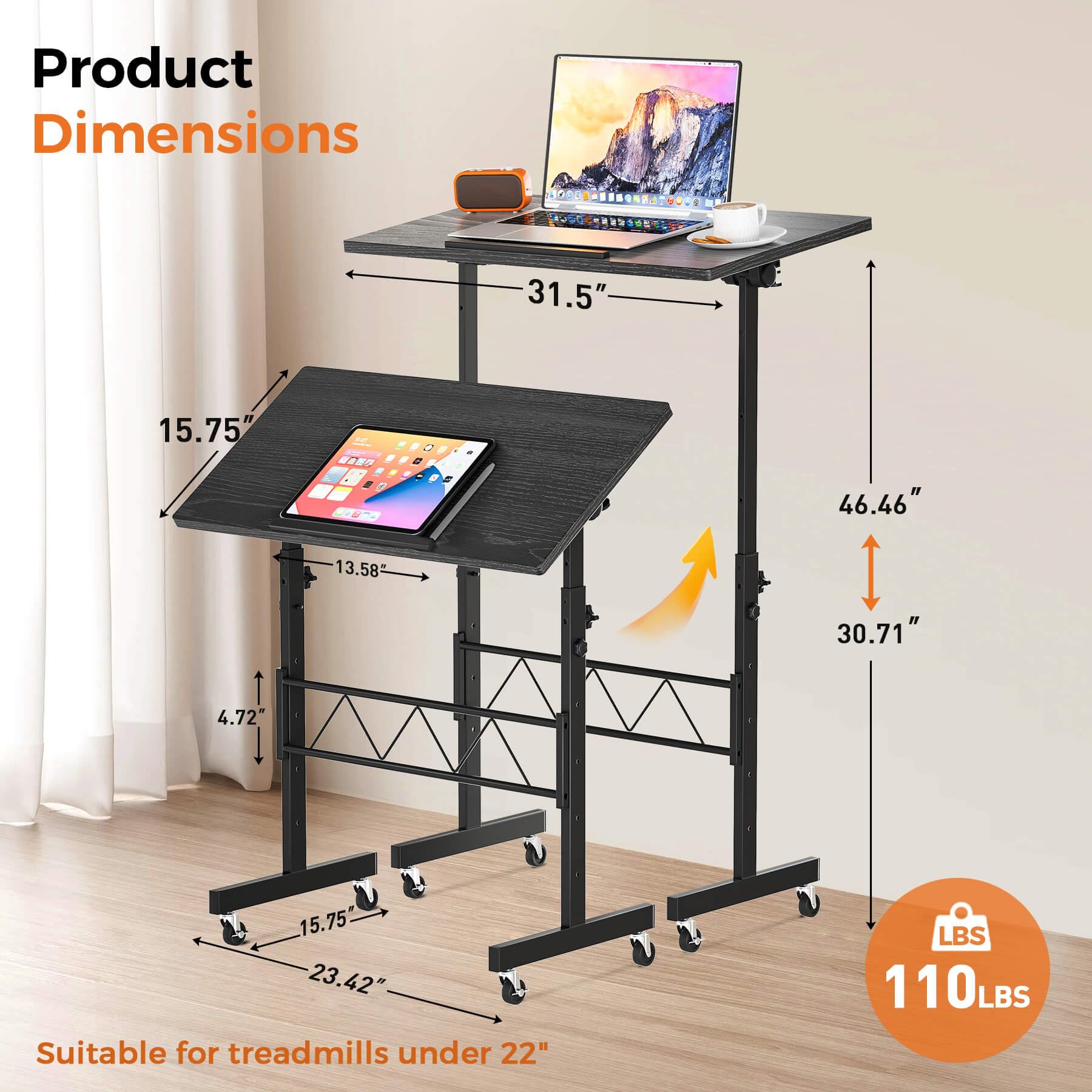 Standing Desk Adjustable Height & Tiltable Tabletop, Portable Stand Up Desk for Laptop, Mobile Folding Desk for Home Office Work and Walking Pad Treadmill, Height 30.7"-46.4", Black