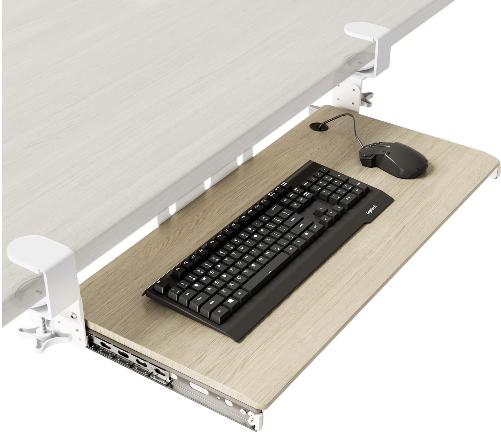 Keyboard Tray Under Desk Pull Out with Extra Sturdy C Clamp Mount System, 27.3 (32.5 inch Including Clamps) x 11 Inch Slide-Out Platform Computer Drawer for Typing Grain