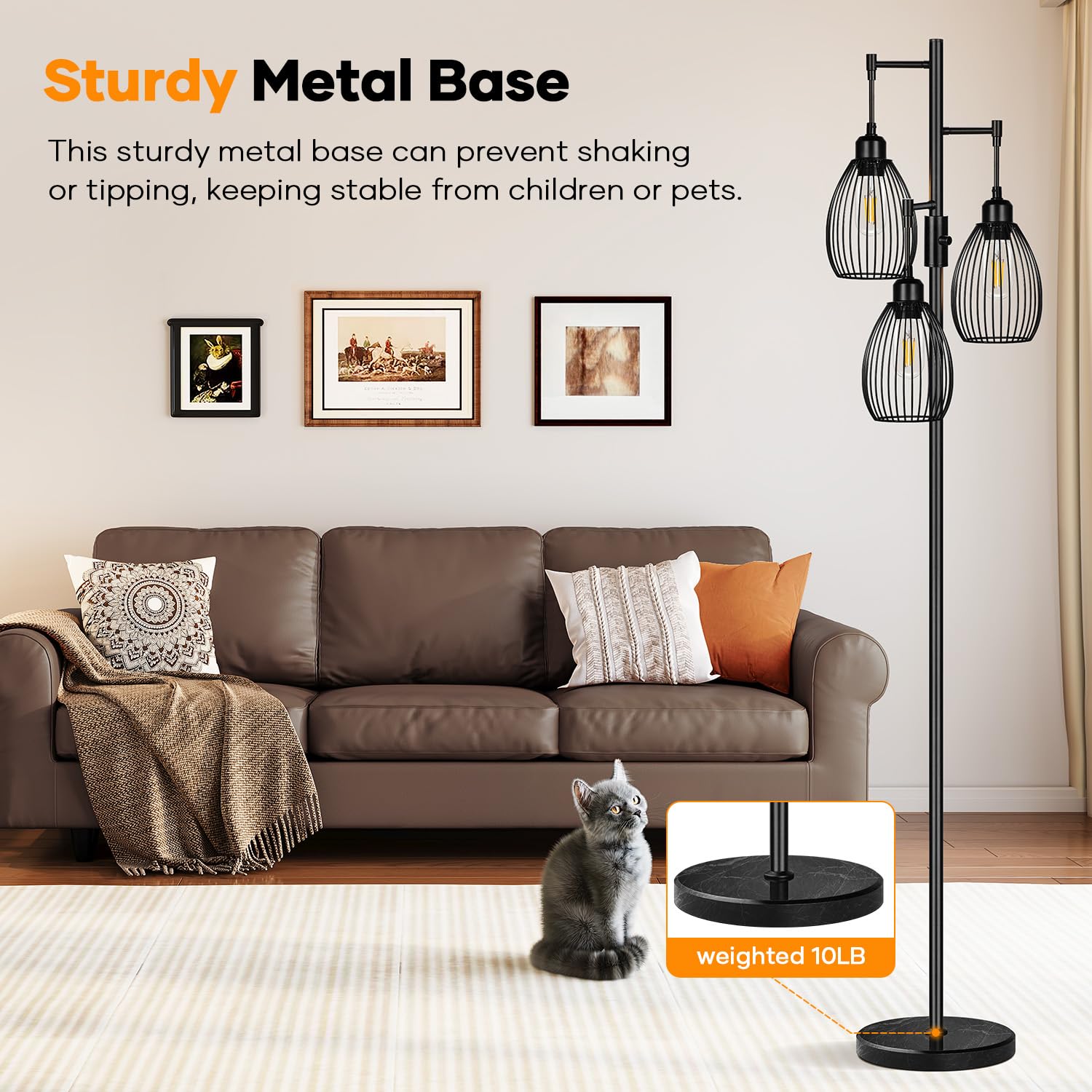 Floor Lamp,3x800LM LED Bulbs Included, Farmhouse Industrial Floor Lamp Standing Tree Lamp with Teardrop Cage Head Tall Lamp for Living Room Bedroom Office Dining Room - Black & Marble Base