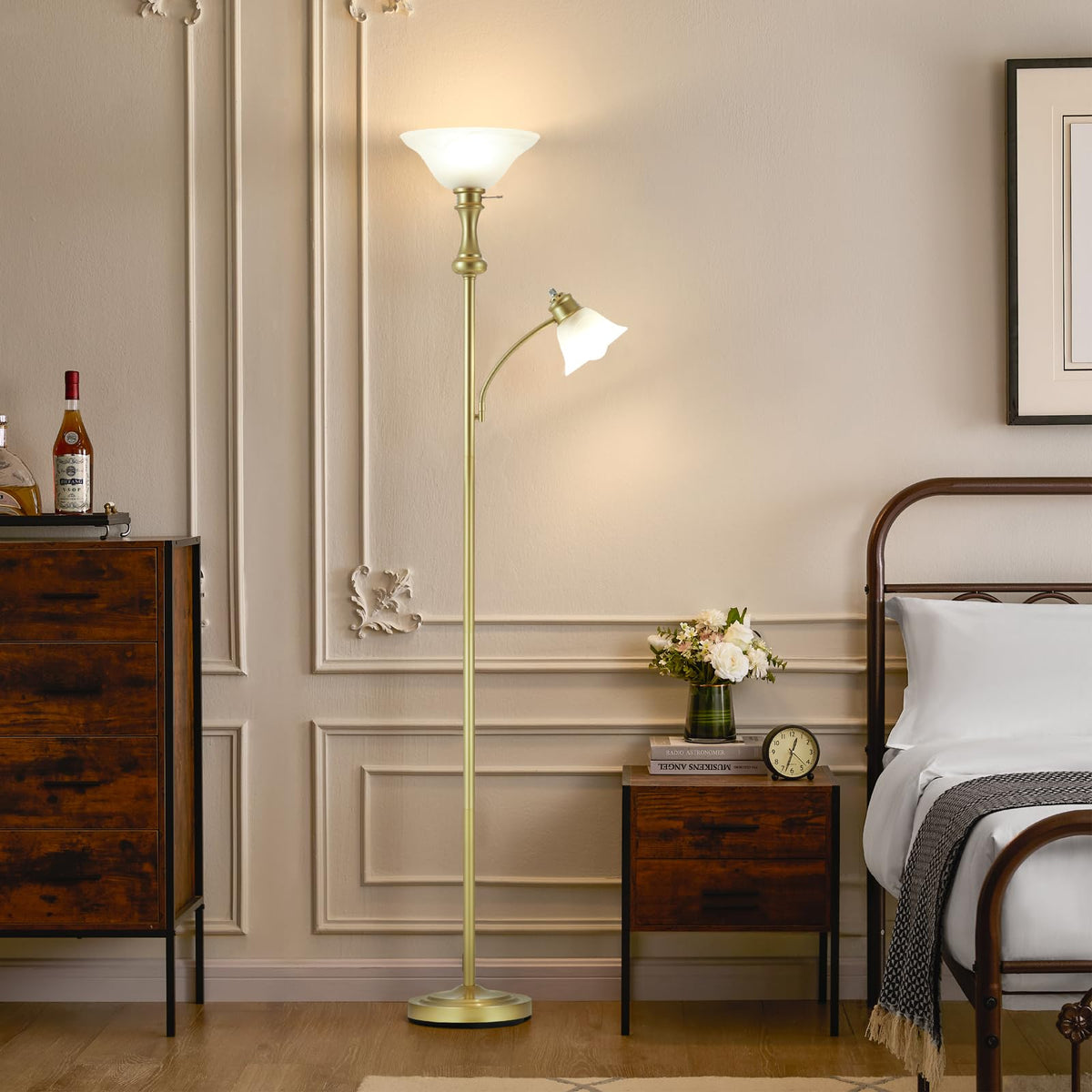 Torchiere Glod Floor Lamp with Adjustable Angle Reading Lamp-71IN