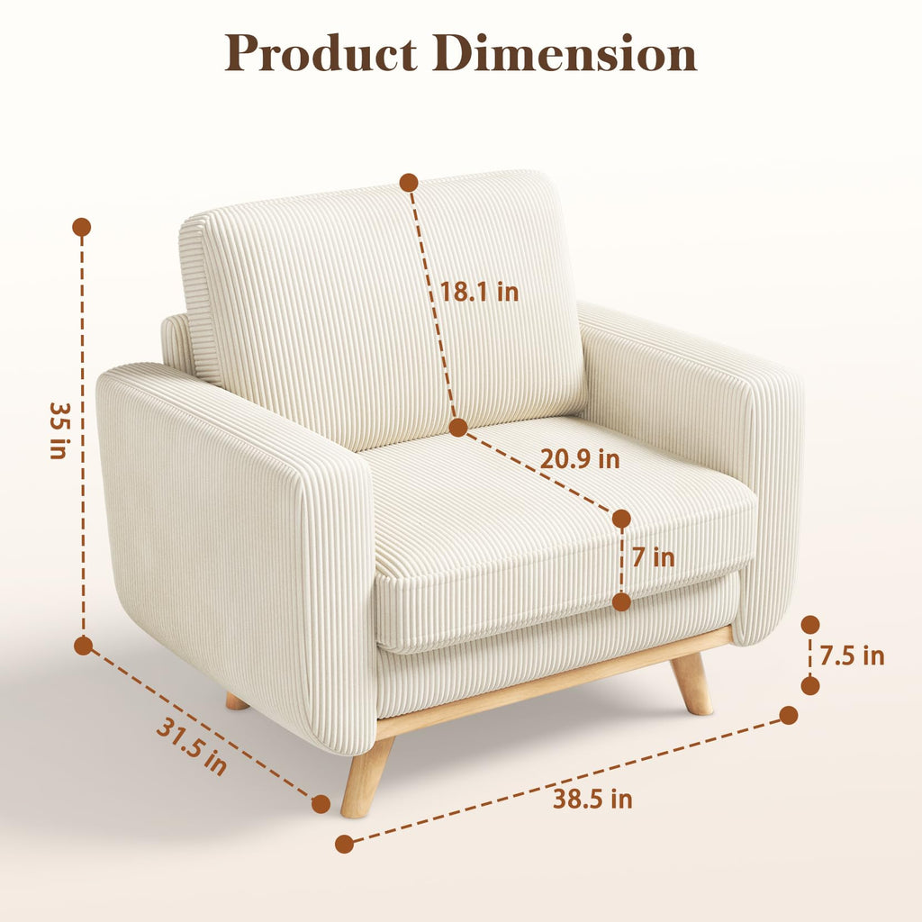 38.5" Accent Chair Beige, Comfy Corduroy Single Sofa Seat with Spring Cushion, Upholstered Armchair with Deep Seat, Reading Chair for Adults, Modern Sofa for Living Room, Bedroom