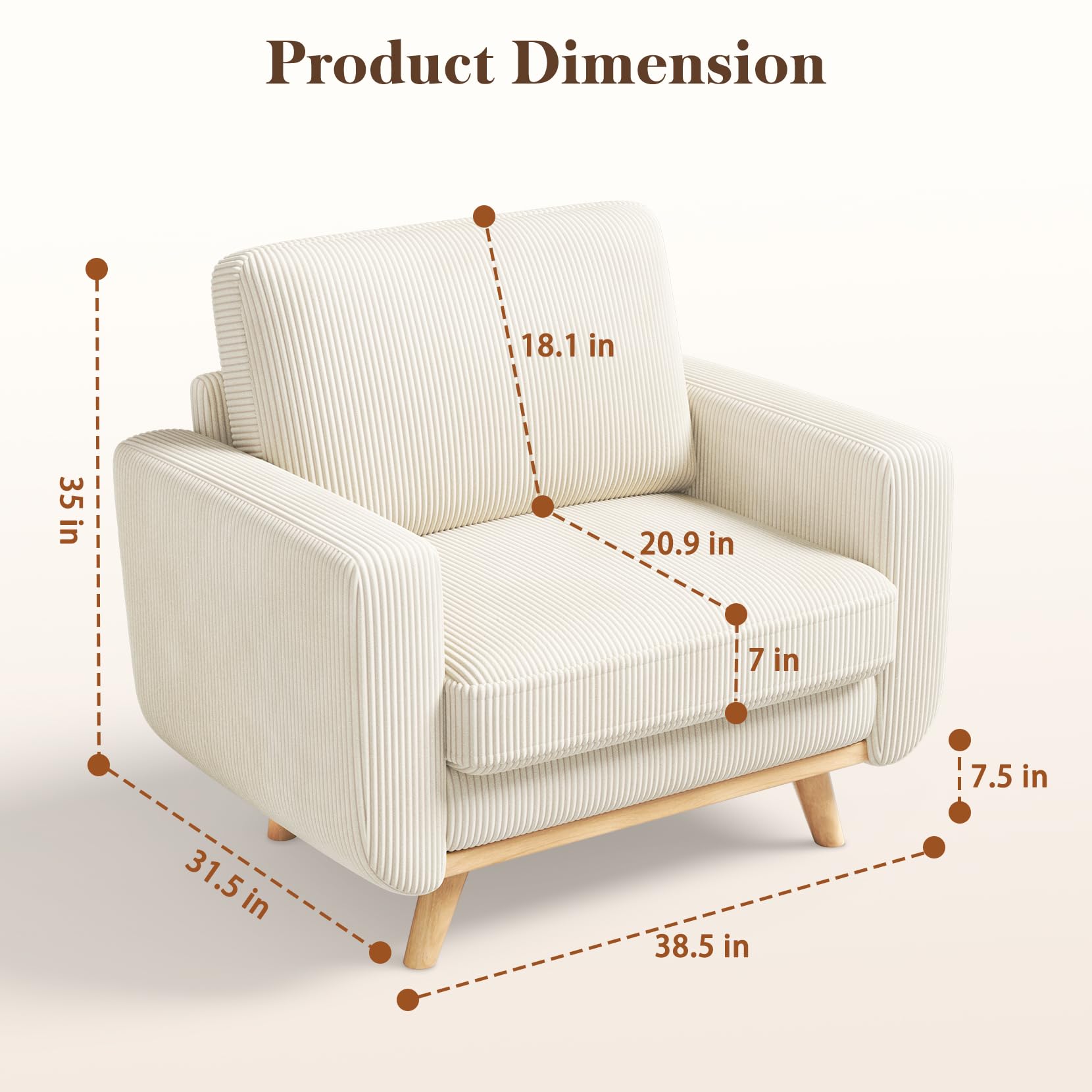 38.5" Accent Chair Beige, Comfy Corduroy Single Sofa Seat with Spring Cushion, Upholstered Armchair with Deep Seat, Reading Chair for Adults, Modern Sofa for Living Room, Bedroom