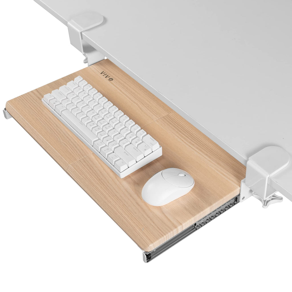 Small Clamp-on Computer Keyboard and Mouse Under Desk Slider Tray, 20 x 11 inch Pull Out Platform Drawer, Light Wood