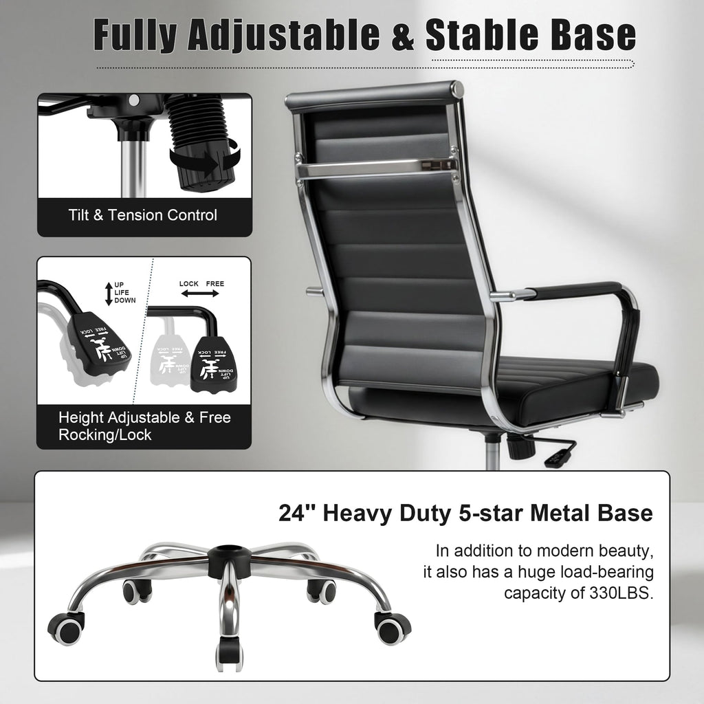 Office Desk Chair, Ergonomic Leather Modern Conference Room Chairs, Executive Ribbed Adjustable Swivel Rolling Chair for Home Office.