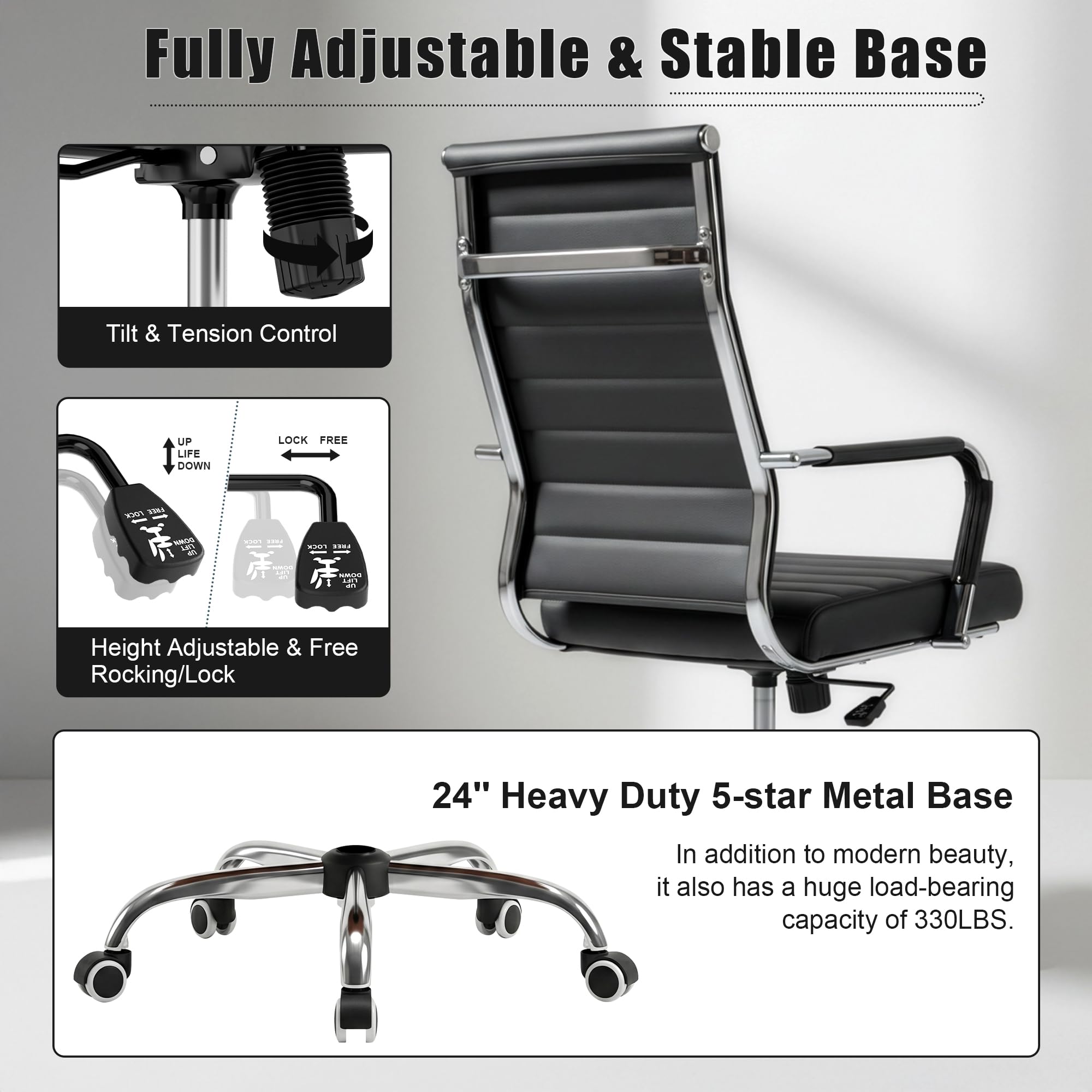 Office Desk Chair, Ergonomic Leather Modern Conference Room Chairs, Executive Ribbed Adjustable Swivel Rolling Chair for Home Office.