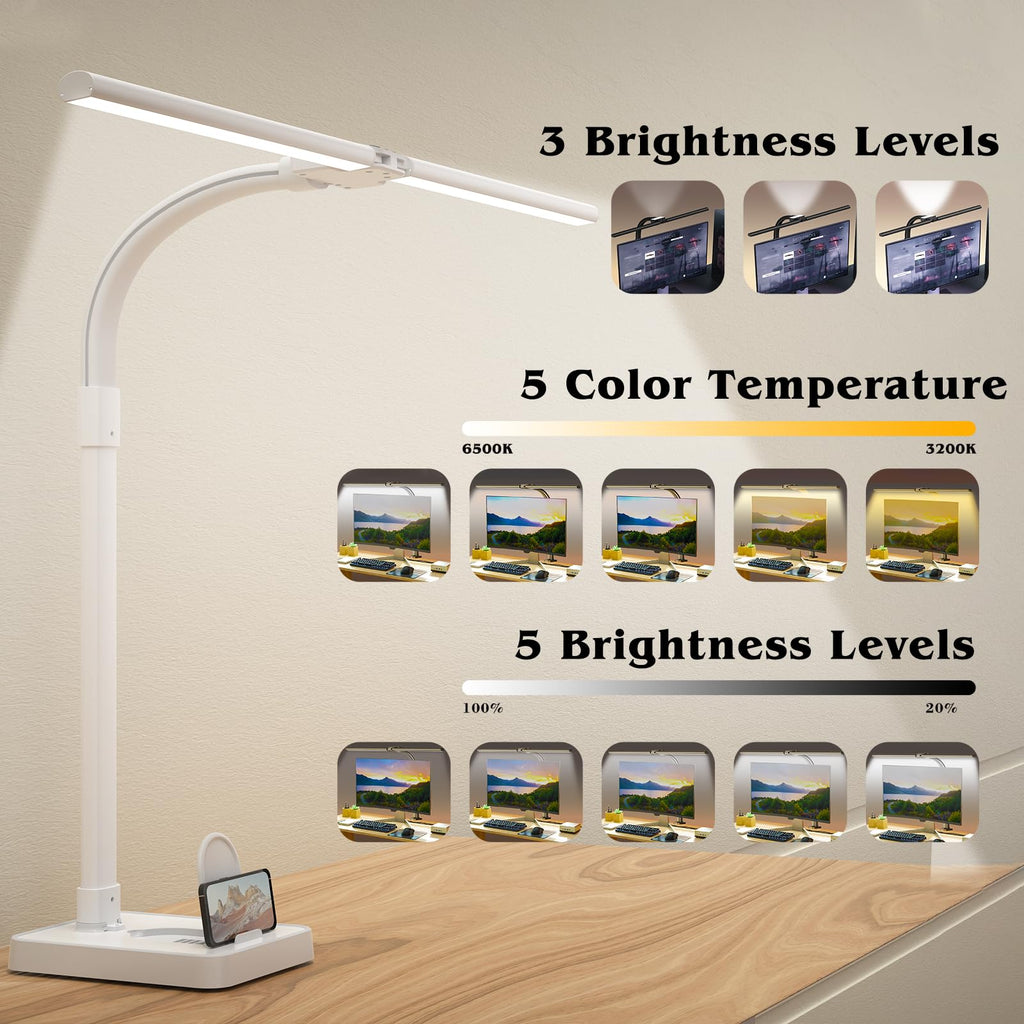 Led Desk Lamp for Office,24W Bright Eye-Caring Desk Light with Base,5 Brightness and 5 temperatures Dimmable Workbench Task Light, Adjustable Gooseneck Table Lamp for Monitor(White)