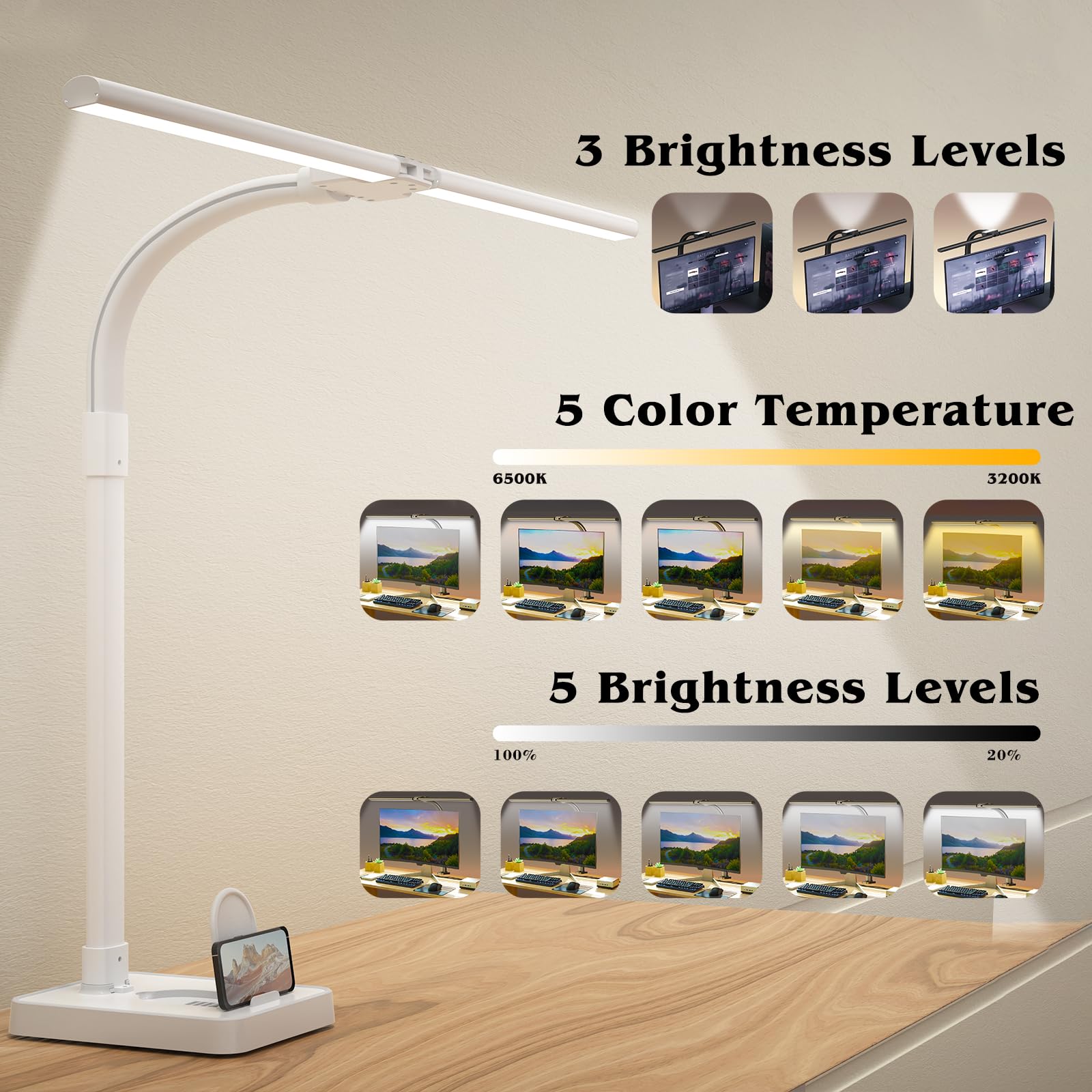 Led Desk Lamp for Office,24W Bright Eye-Caring Desk Light with Base,5 Brightness and 5 temperatures Dimmable Workbench Task Light, Adjustable Gooseneck Table Lamp for Monitor(White)
