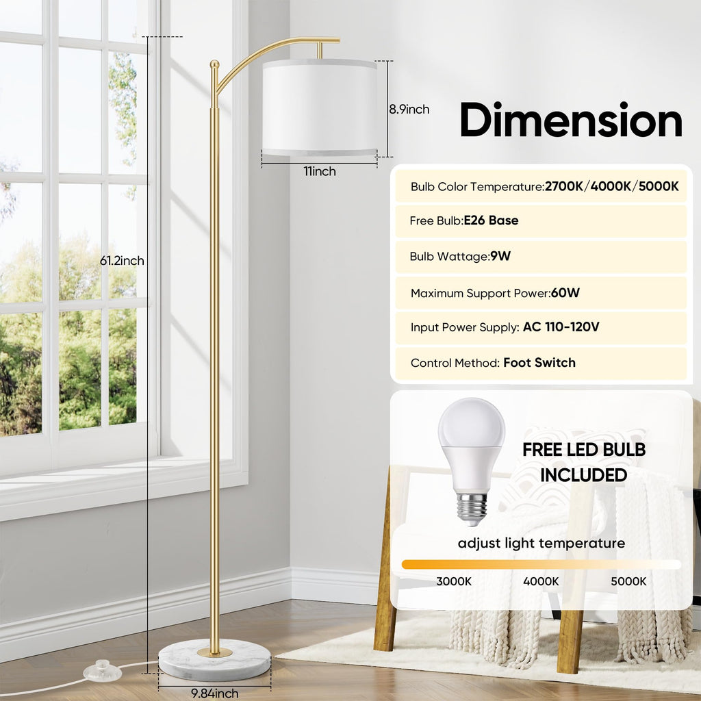 Gold Floor Lamp for Living Room with Marble Base, Modern Standing Lamp with 3 Color Temperatures Bulb & Adjustable Linen Shade, Tall Lamp for Bedroom Office Reading Nursery