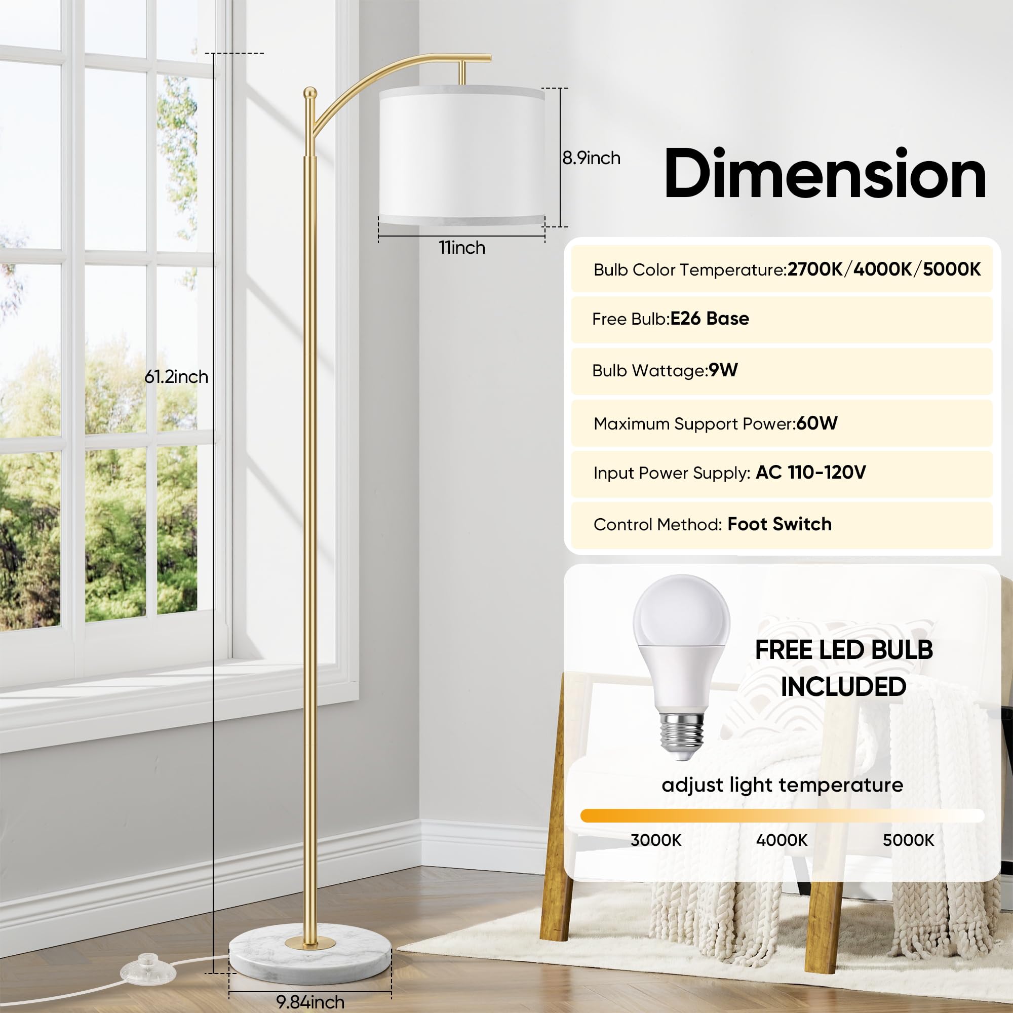 Gold Floor Lamp for Living Room with Marble Base, Modern Standing Lamp with 3 Color Temperatures Bulb & Adjustable Linen Shade, Tall Lamp for Bedroom Office Reading Nursery