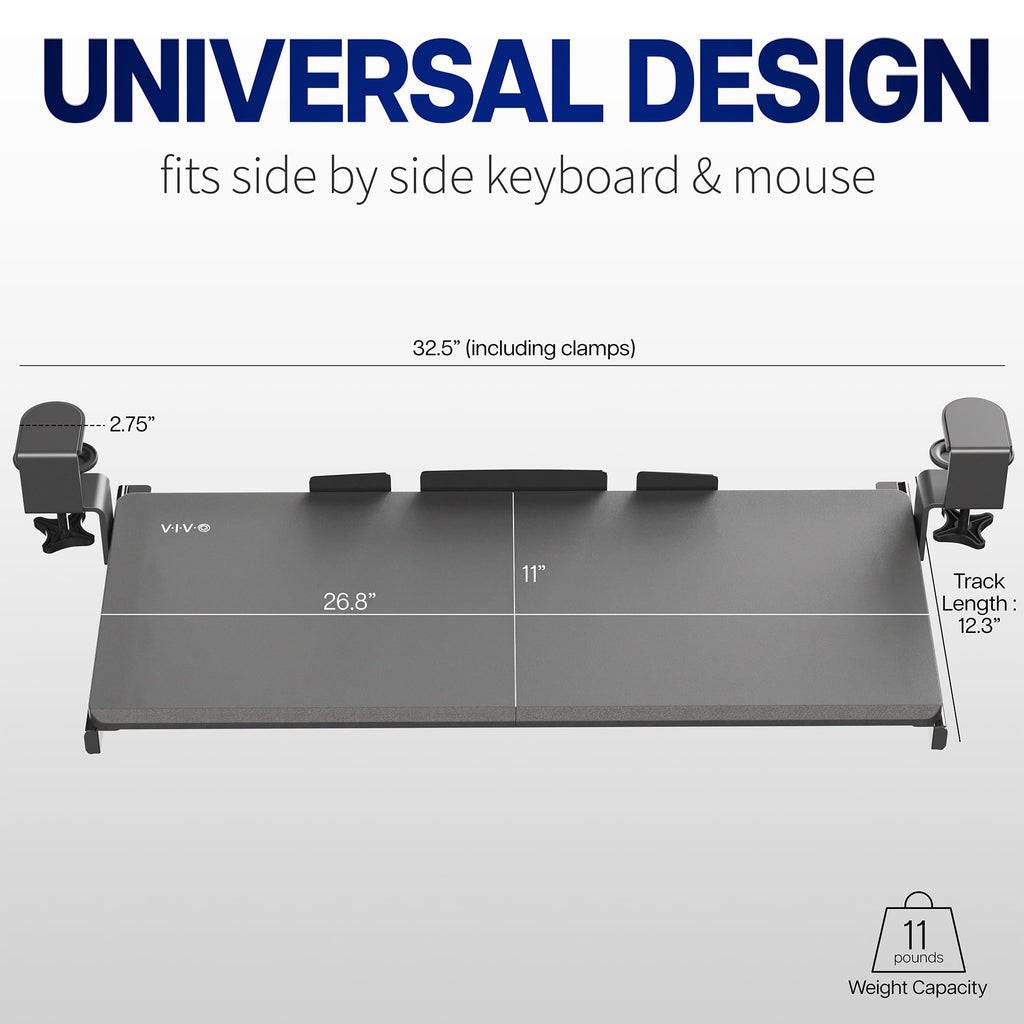 Large Clamp-on Computer Keyboard and Mouse Under Desk Slider Tray, 27 x 11 inch Pull Out Platform Drawer, Dark Wood