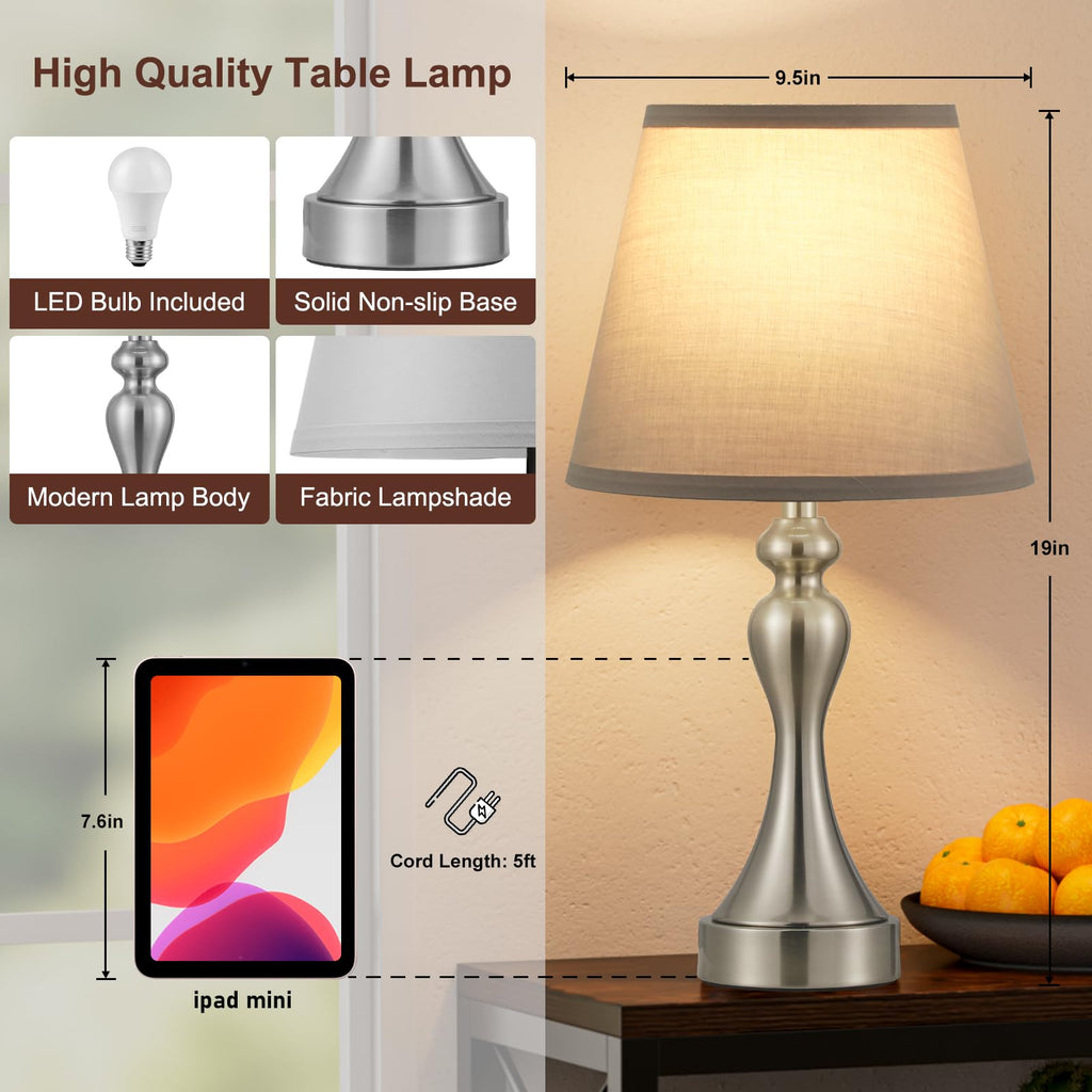 Touch Lamps for Nightstand, 3 Way Dimmable Bedside Lamps with USB C+A Ports
