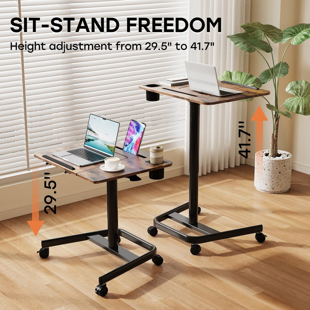 Mobile Standing Desk, Height Adjustable Table, 60° Tiltable Rolling Laptop Desk, Portable Sit Stand Desk with Wheels Cup Holder for Bed Couch Hospital, Holds Up to 22lbs, Rustic