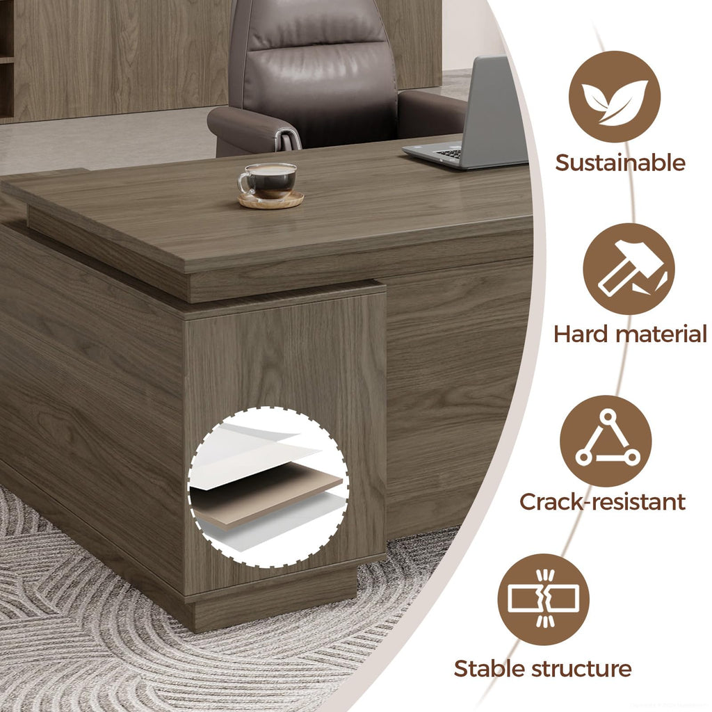 63" L-Shaped Executive Desk with Reversible Return, Compact Office Desk with Locking Drawers, Open Storage Cabinet, Cable Management Box, Front Privacy Panel, Walnut