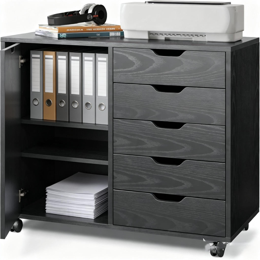 5-Drawer Wood Drawer Cabinet, Office Storage Cabinet with Adjustable Shelf & Wheels, Printer Stand for Home Office, Black, 15.7" D x 30.7" W x 25.4" H
